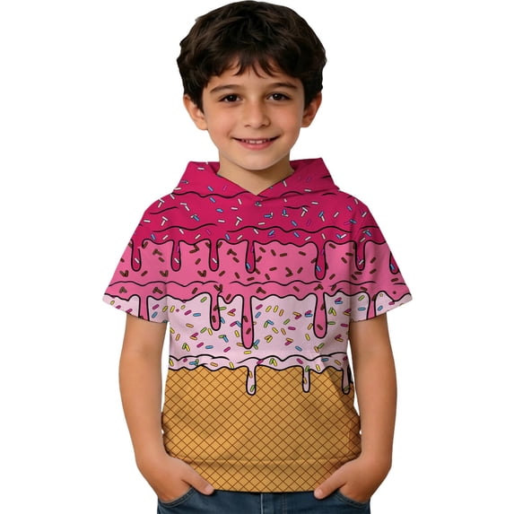 Kids Ice Cream Print Short Sleeve Hoodie Size 4-12Y Lightweight Pullover With Pocket Summer Top for Boys Girls
