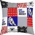 thumbnail image 1 of Kids Ice Hockey Pillow Cover Eat Sleep Hockey Throw Pillow Cover 16x16 Sports Game Sketch Cushion Cover for Boys Youth Black Blue Red Patchwork Geometric Striped Square Pillow Cover, 1 of 6