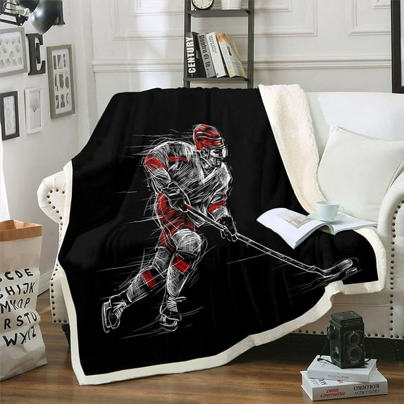 Kids Ice Hockey Plush Bed Blanket Gifts for Boys Teens Man Twin 60"x80" Sports Games Throw Blanket,Hockey Player Fleece Flanket Sketch Hand Drawn Warm Sherpa Blanket Black for Couch