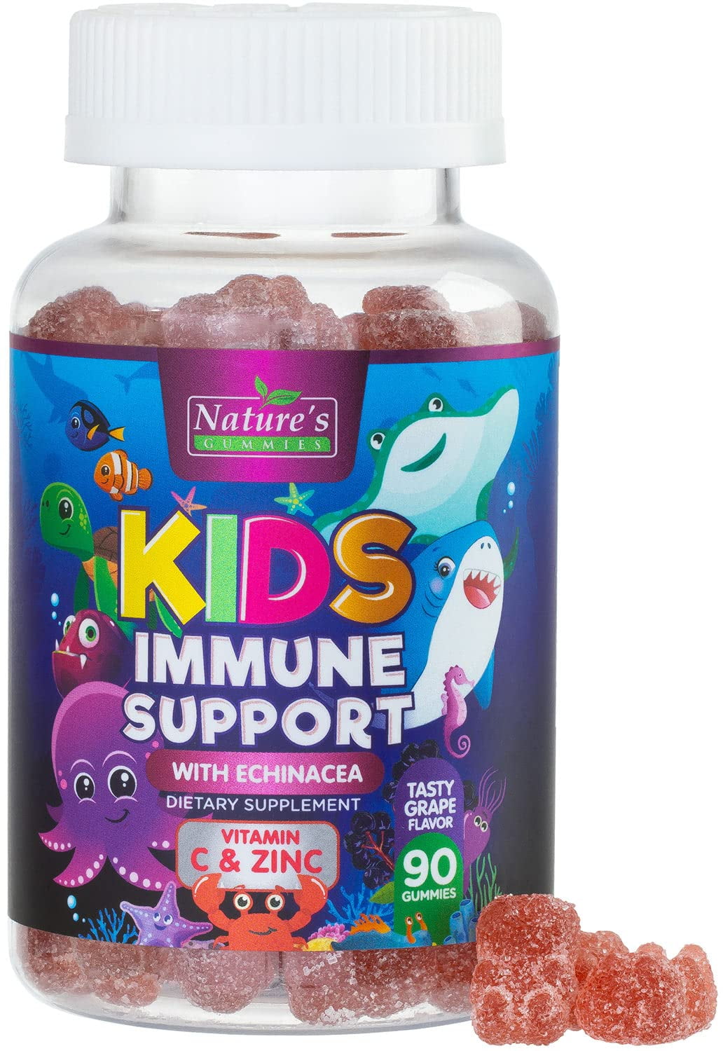 Kids Immune Support Gummies with Echinacea, Zinc & Vitamin C - Berry Flavor Chewable Kids Immunity Gummy Support, Non-GMO Gluten-Free Vegan - Daily Childrens Vitamins with Immune Support - 90 Gummies