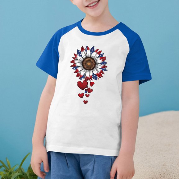 Kids Independence Day Patriotic T-Shirts Novelty American Flag Printed Tees Loose Casual Raglan Short Sleeve Shirts Blue 9-10 Years