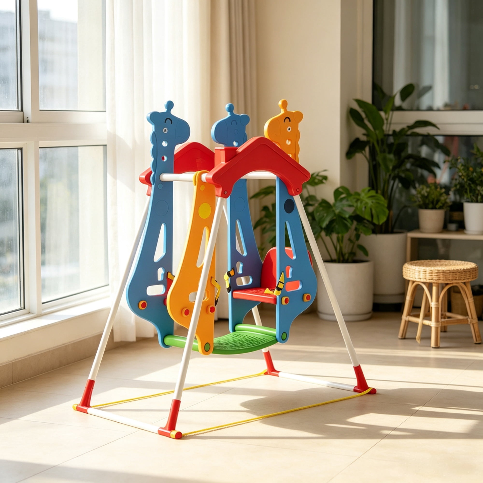 Kids Indoor Double Seats Swing, with Safety Belts, for 3-5Y Kids Vestibular Balance Training in Play Room & Living Room