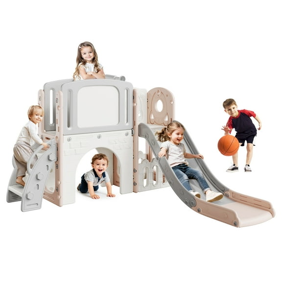 Kids Indoor Slide Playset for Toddlers 3-5, 8-in-1 Slide and Climber Toy with Basketball Hoop, Safe Plastic Play Structure for Boys Girls, Easy to Assemble Indoor Playground for Home and Playroom