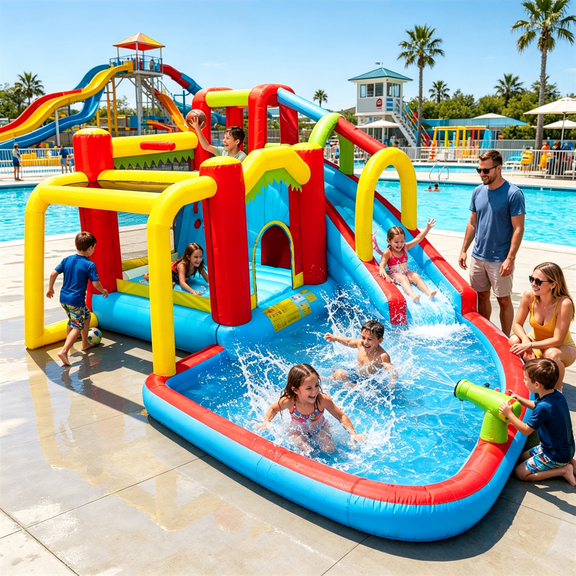 Kids Inflatable Bounce Water Slide Park, Large Outdoor Backyard Water Play Center with Basketball Hoop & Sprinkler