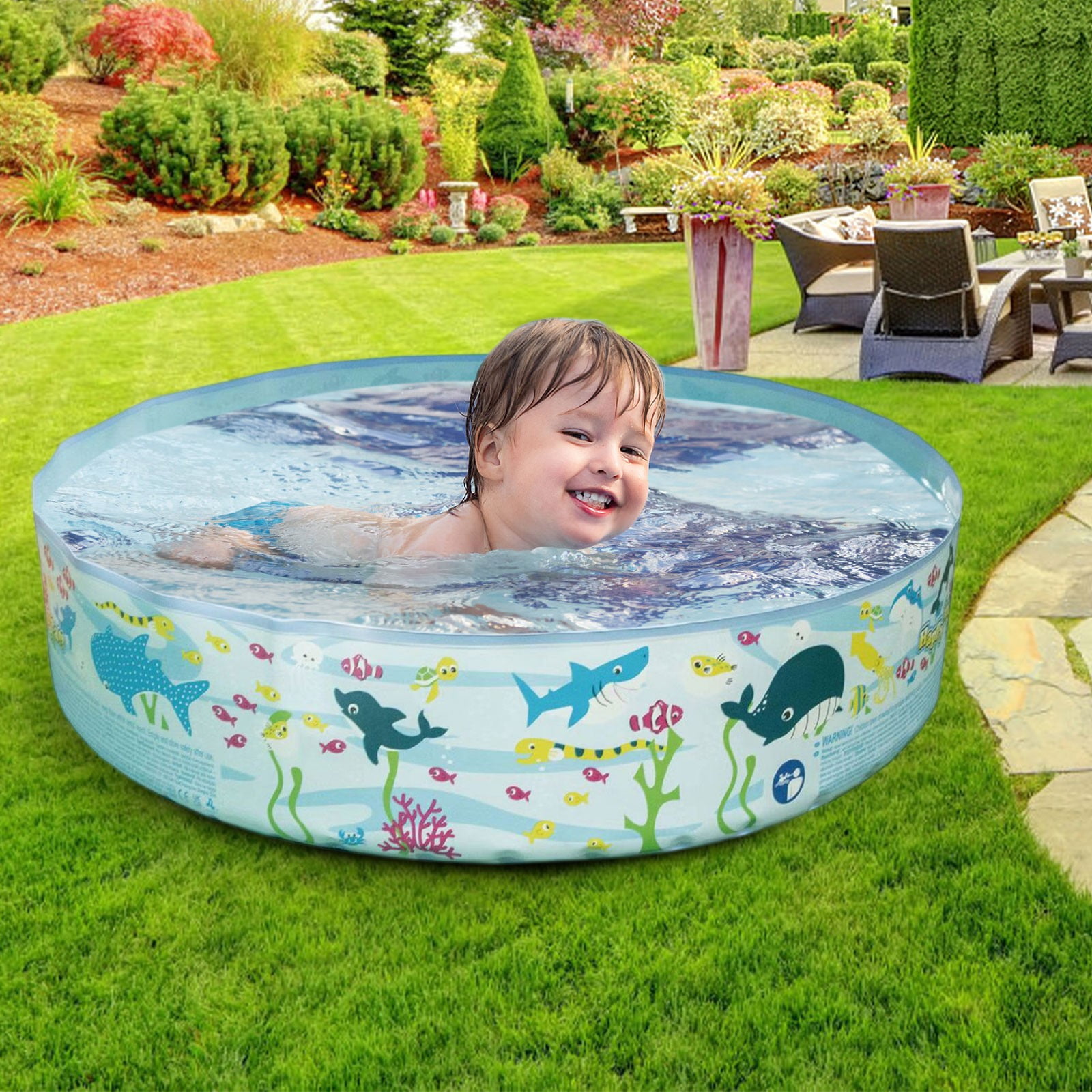 Kids Inflatable Pool with Cartoon Sea Creatures - 47.24in Outdoor ...