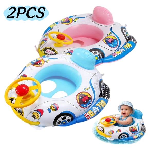 Kids Inflatable Pool Float With Steering Wheel Cartoon Car Shape Baby Swimming Ring For Toddlers Summer Water Toy For Beach Pool Bathtub 2PCS, Blue+Pink