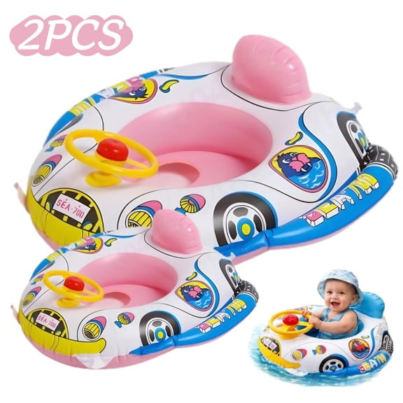 Kids Inflatable Pool Float With Steering Wheel Cartoon Car Shape Baby Swimming Ring For Toddlers Summer Water Toy For Beach Pool Bathtub 2PCS, Pink