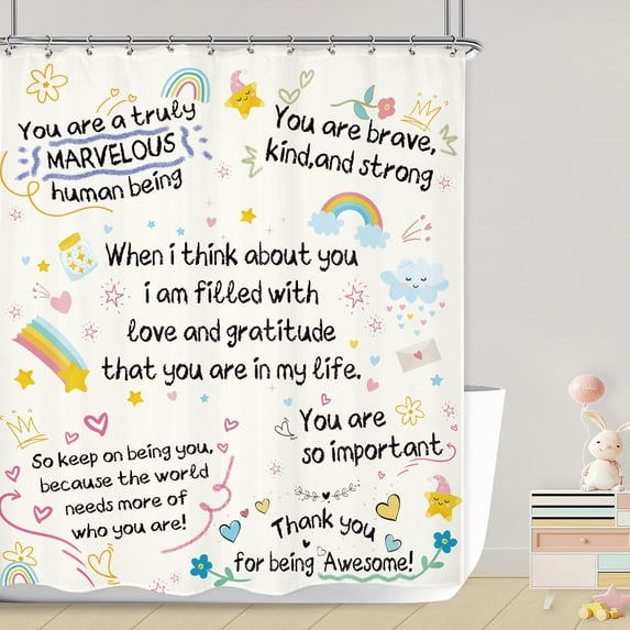 Kids Inspirational Quotes Shower Curtain Bathroom Set 72Wx72H Inches Funny Cartoon Cute Colorful Motivational Words Rainbow Dots Bath Accessories Classroom Art Home Decor Fabric 12 Pack Hooks