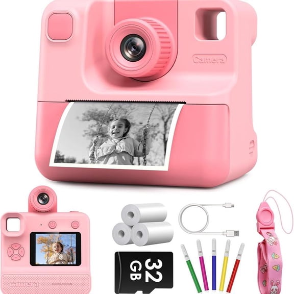 Kids Instant Print Camera - 1080P HD Digital Camera with 32GB TF Card, Selfie Video Camera, Creative Photography Toy for Girls & Boys Aged 3-14, Perfect Gift for Christmas, Birthday, Holidays Durable