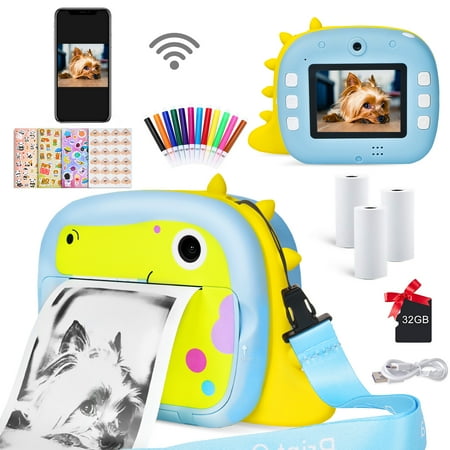 Kids Instant Print Camera 1080P HD Digital Video Cameras with 32GB SD Card Portable 2.4" Screen Cameras Toy Birthday Gift for Toddler Boys Girls (Blue)