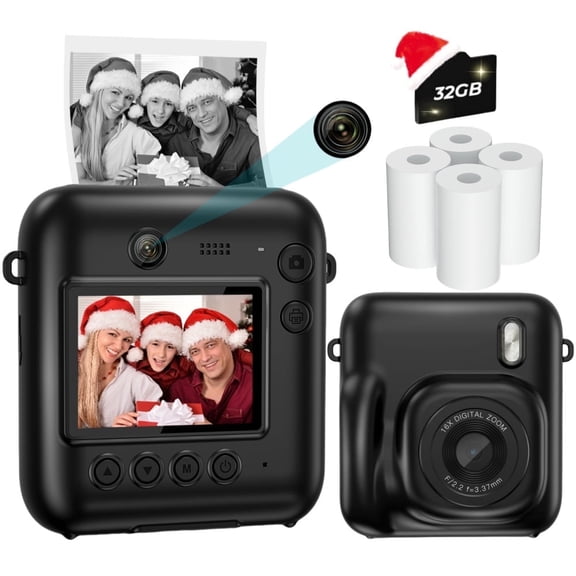 Kids Instant Print Camera-30MP Perfect Birthday for Boys & Girls with 32GB Card and 4 Rolls Of Printing Paper-Black