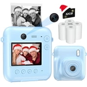 Kids Instant Print Camera-30MP Perfect Birthday for Boys & Girls with 32GB Card and 4 Rolls Of Printing Paper-Blue