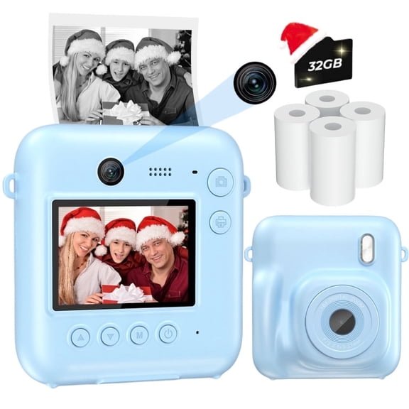 Kids Instant Print Camera-30MP Perfect Birthday for Boys & Girls with 32GB Card and 4 Rolls Of Printing Paper-Blue