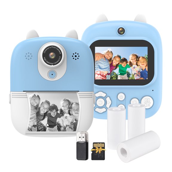 Kids Instant Print Camera Digital Camera For Kids 1080P Digital Video Camera Dual Lens 2.4 Inch IPS Screen Built-in Battery With 32GB TF Card & USB Card Reader 3 Rolls Thermal