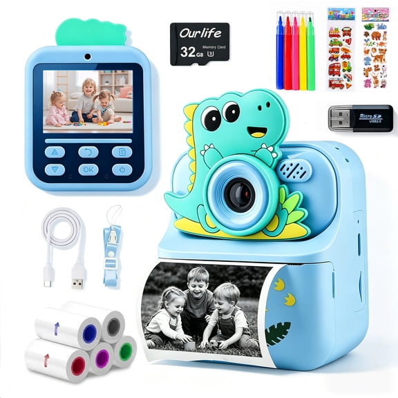 OEKE Kids Instant Print Camera with 1080P HD Video, 2.4" Screen & 32GB SD Card, Color Printing Toy Camera with Lanyard & Pens, Birthday Gifts for Boys Age 3-12, Blue