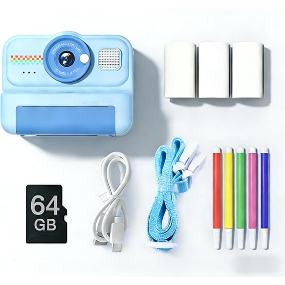 Kids Instant Print Camera with 1080P Video & 64GB Card, Zero Ink Toy with 3 Rolls Paper