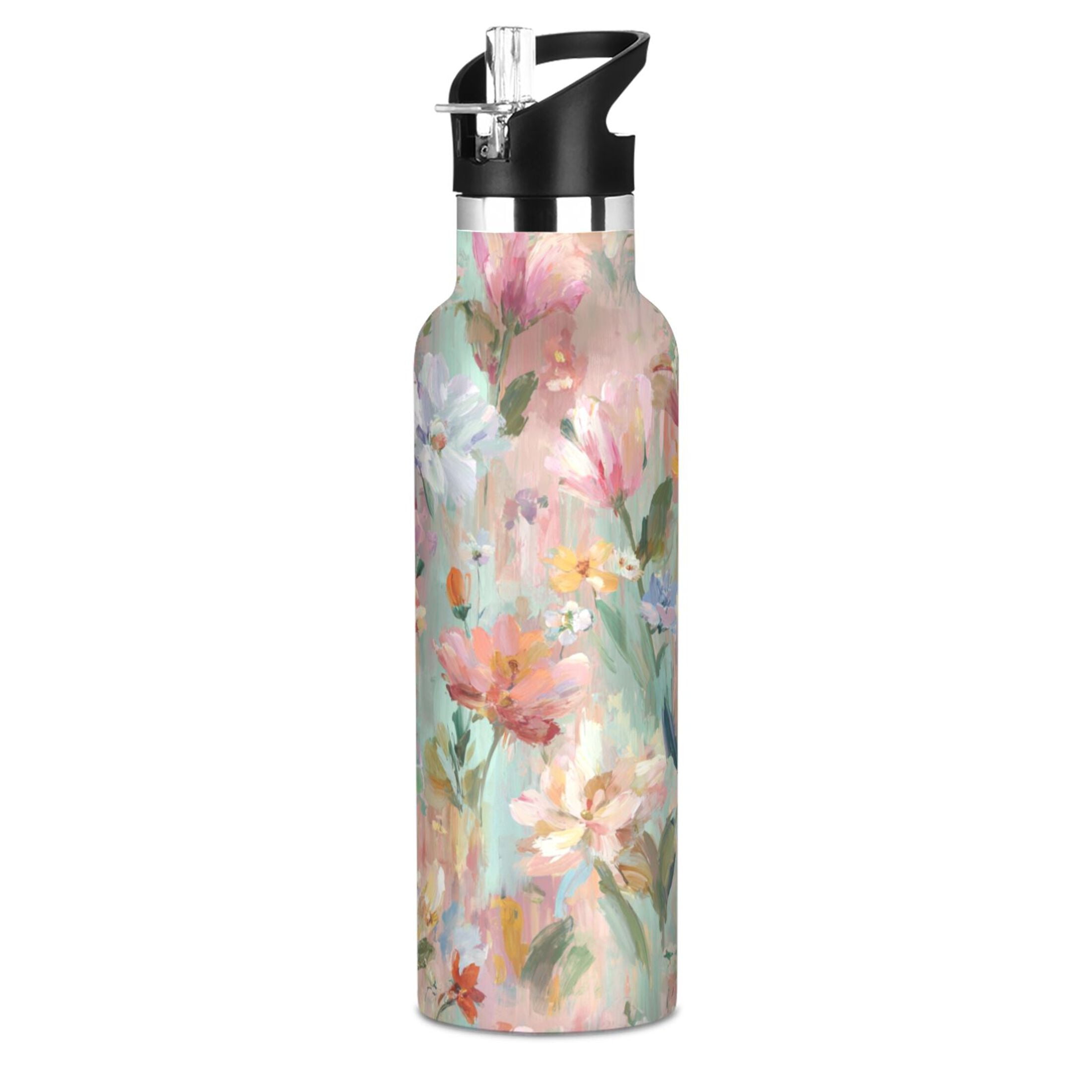 Kids Insulated Stainless Steel Sports Water Bottle 600ml (20oz) Abstract Pink Floral Pattern