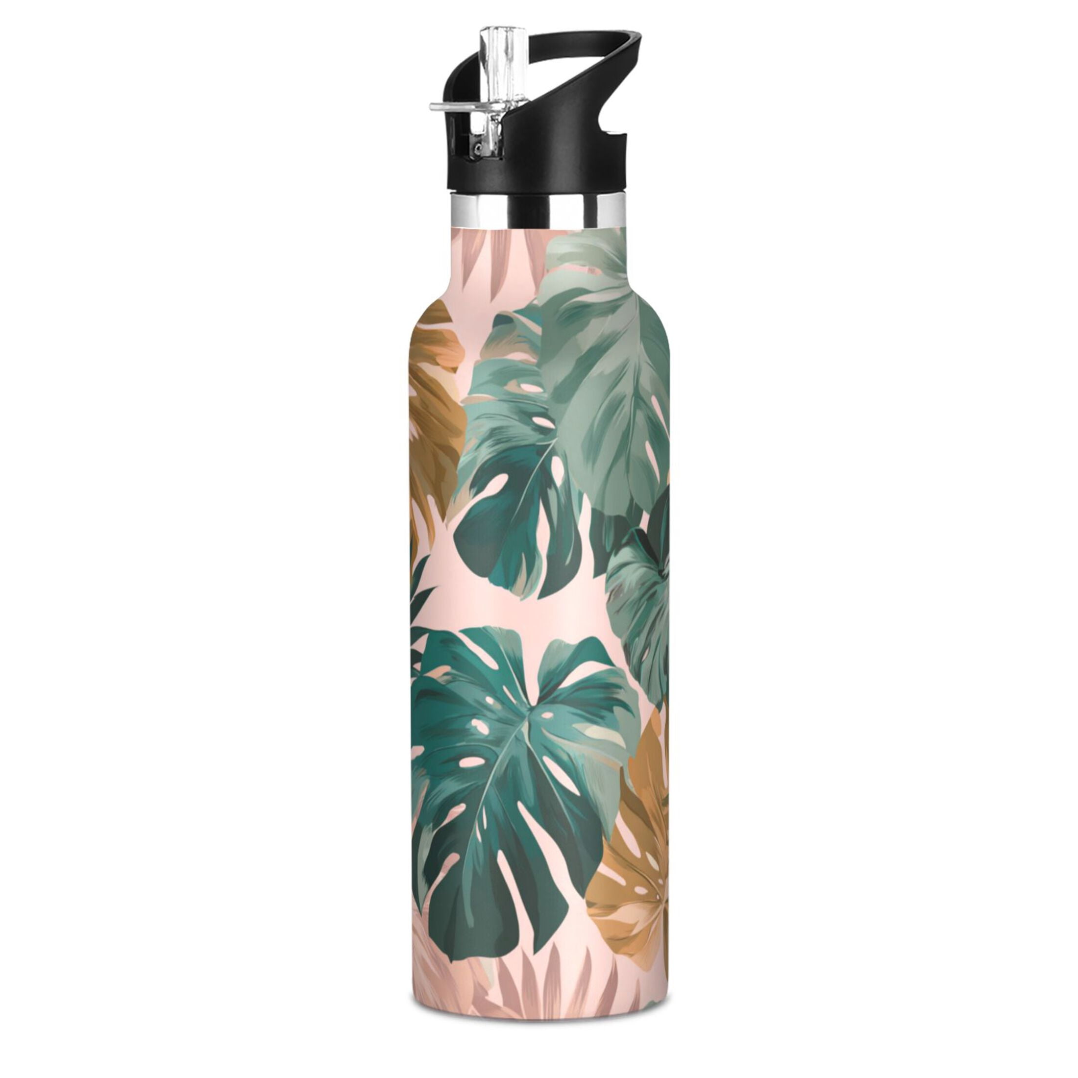 Kids Insulated Stainless Steel Sports Water Bottle 600ml (20oz) Abstract Tropical Leaves Pattern