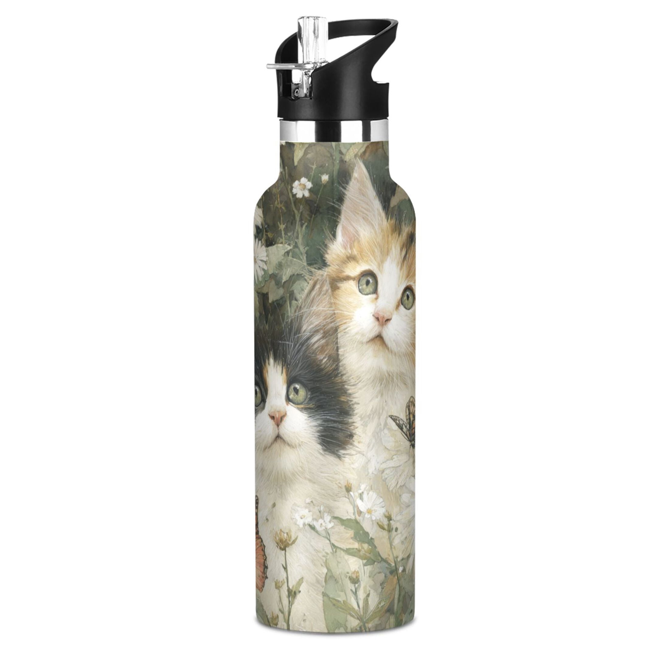 Kids Insulated Stainless Steel Sports Water Bottle 600ml (20oz) Adorable Cats and Daisies
