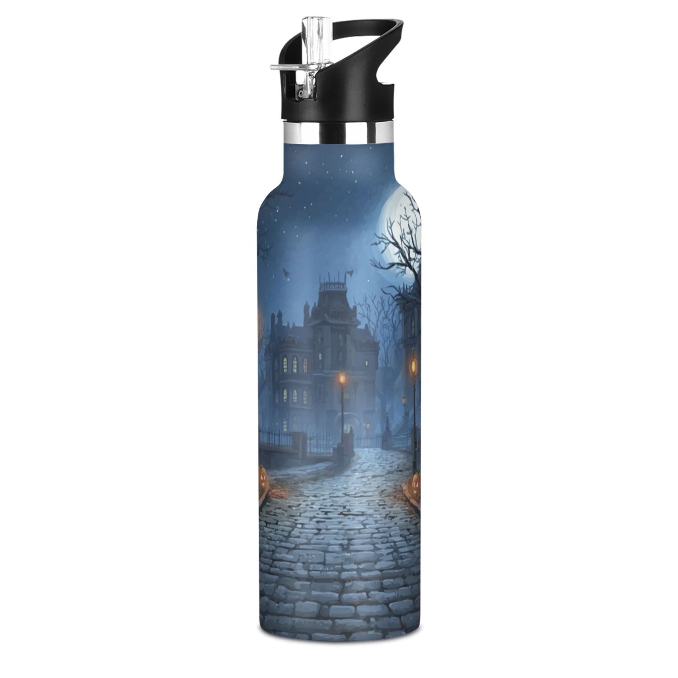 Kids Insulated Stainless Steel Sports Water Bottle 600ml (20oz) Ancient Haunted House in The Moonlight