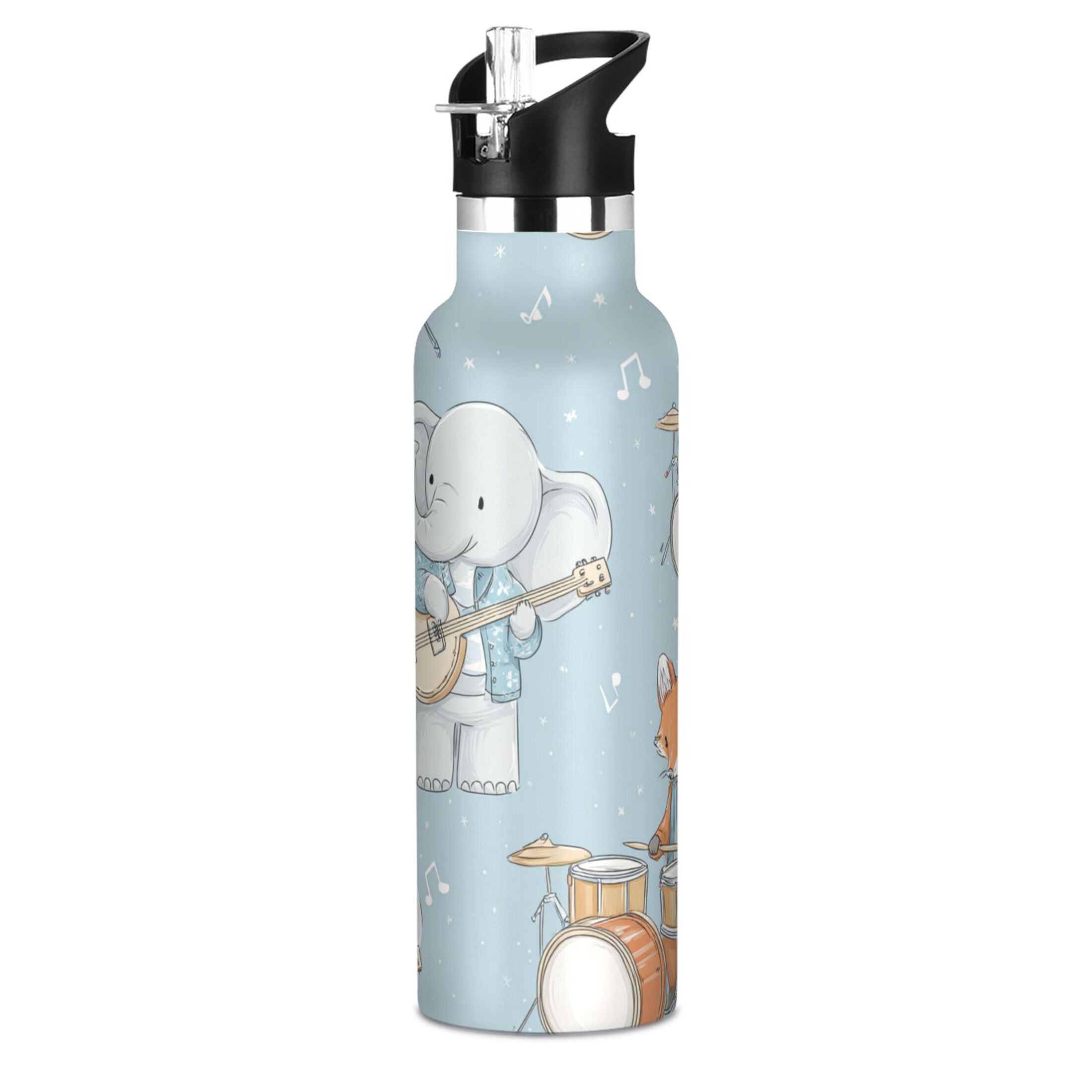 Kids Insulated Stainless Steel Sports Water Bottle 600ml (20oz) Animals Playing Musical Instruments