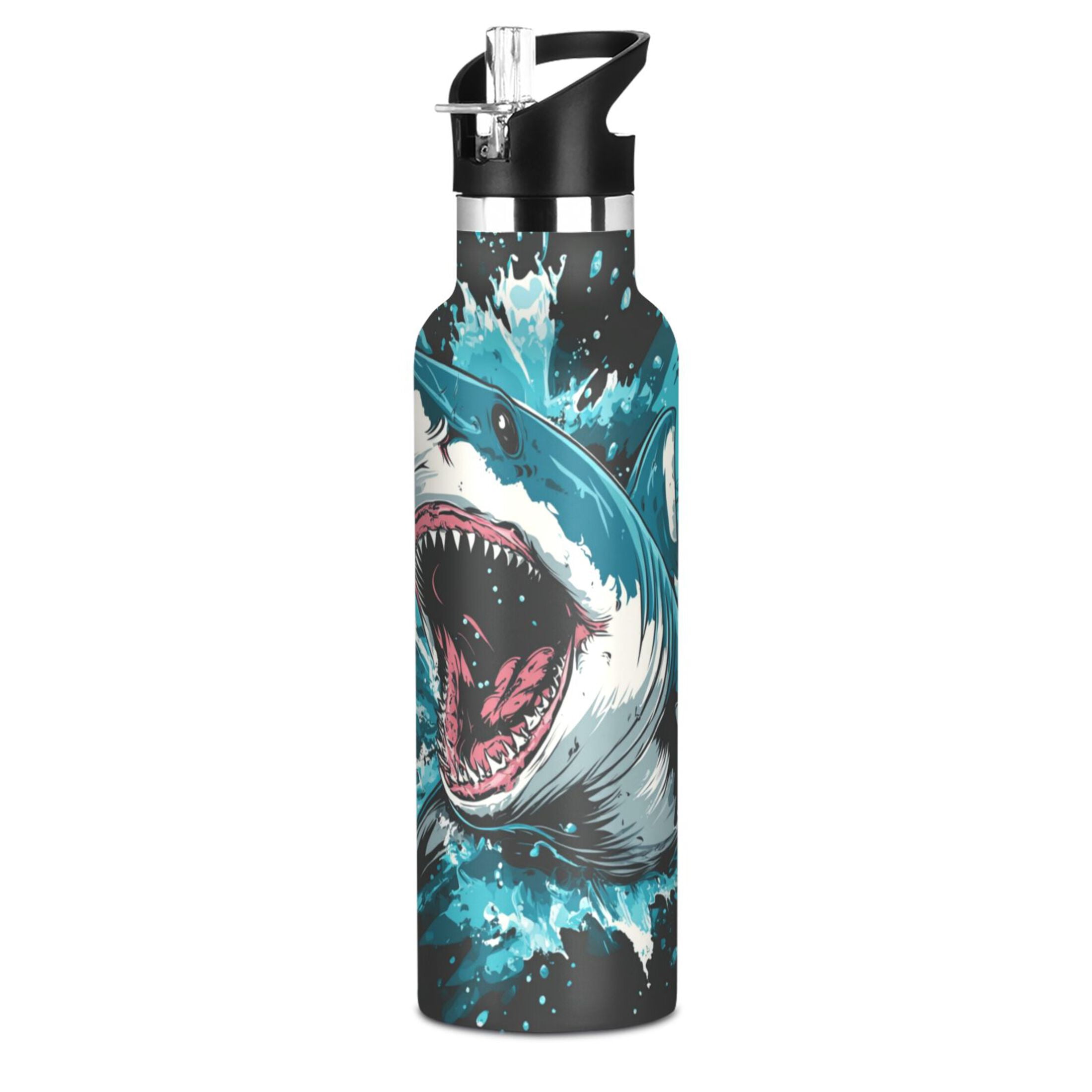 Kids Insulated Stainless Steel Sports Water Bottle 600ml (20oz), BPA-Free Aggressive Blue Shark