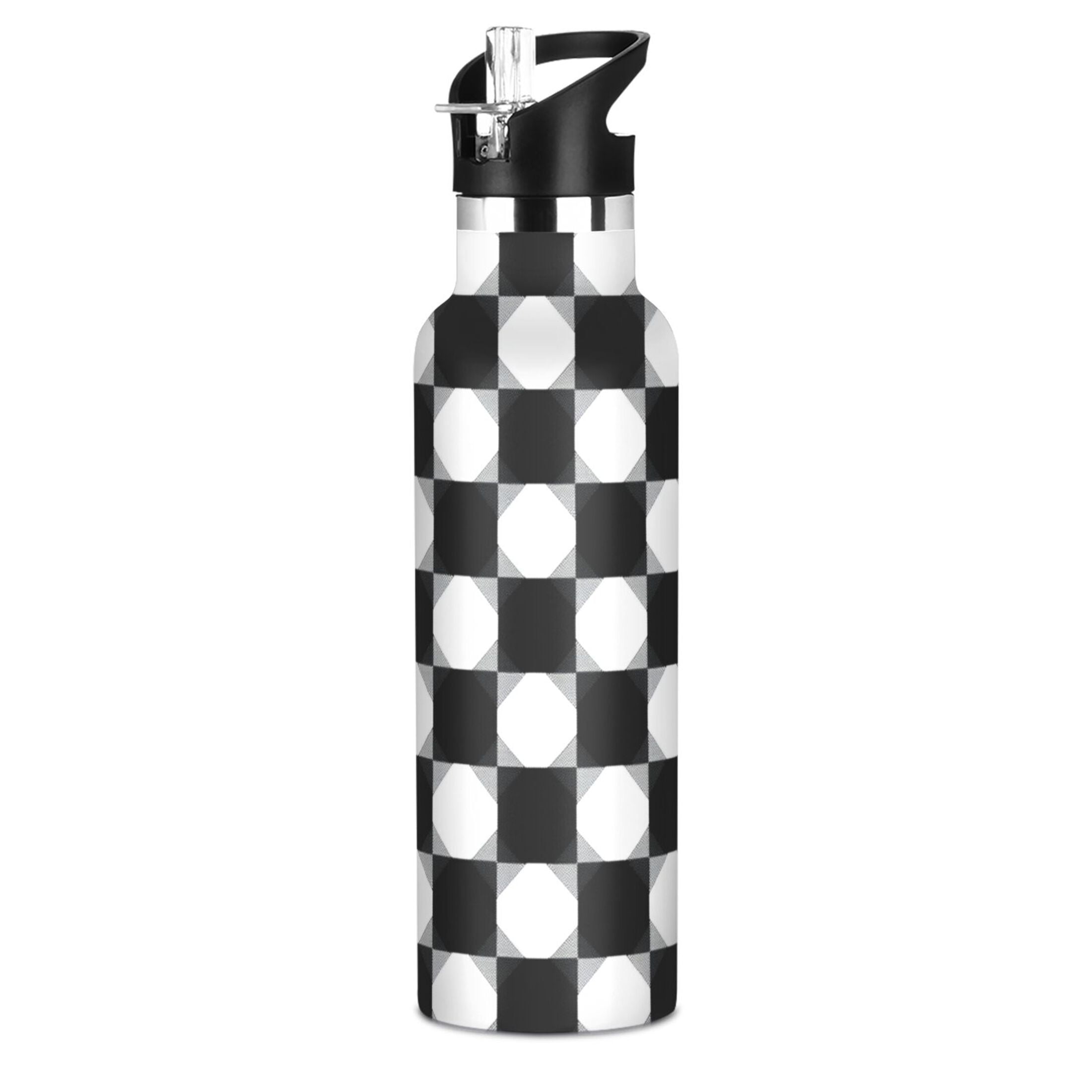 Kids Insulated Stainless Steel Sports Water Bottle 600ml (20oz), BPA-Free Black and White Gingham Pattern