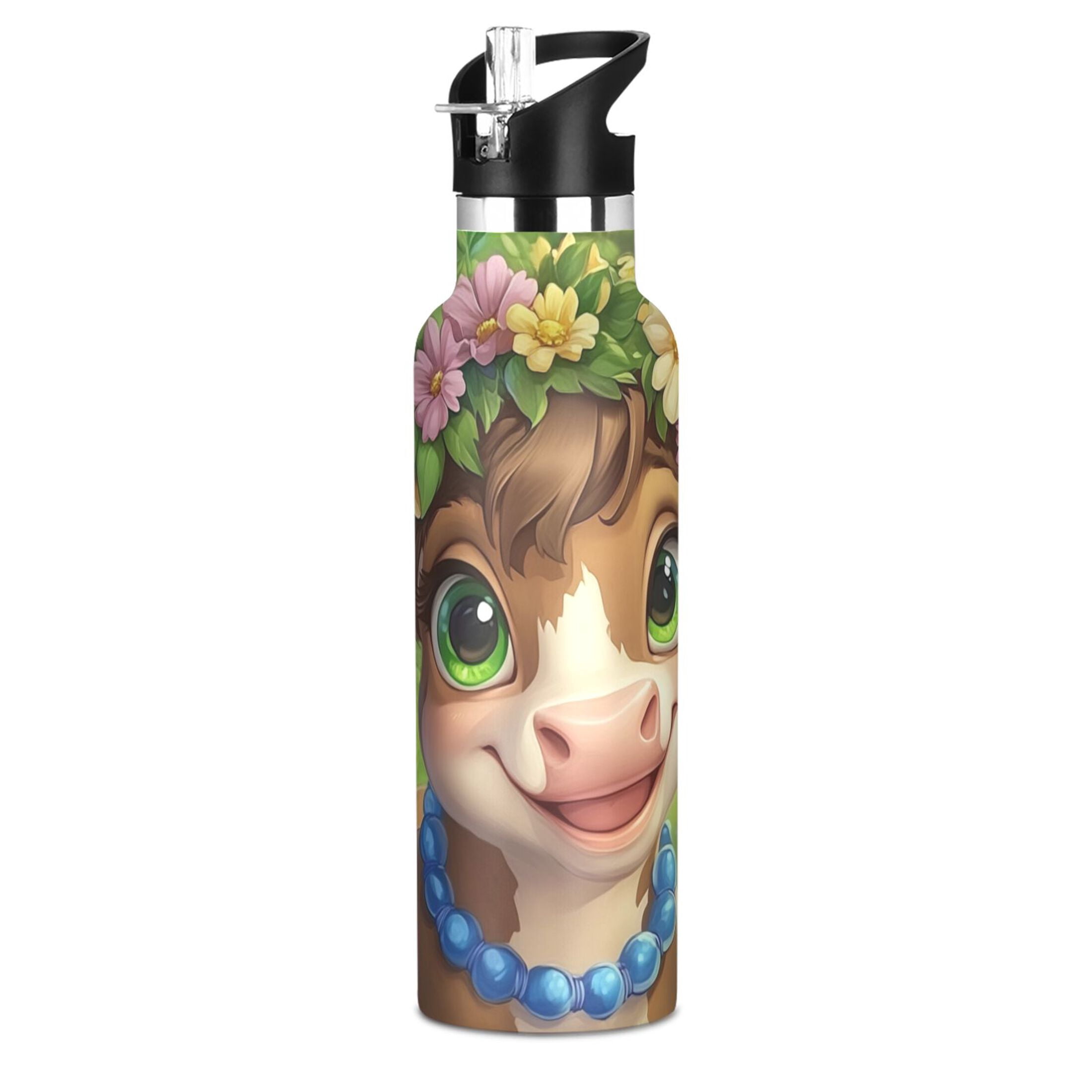 Kids Insulated Stainless Steel Sports Water Bottle 600ml (20oz), BPA-Free Cows with Smiles on Faces