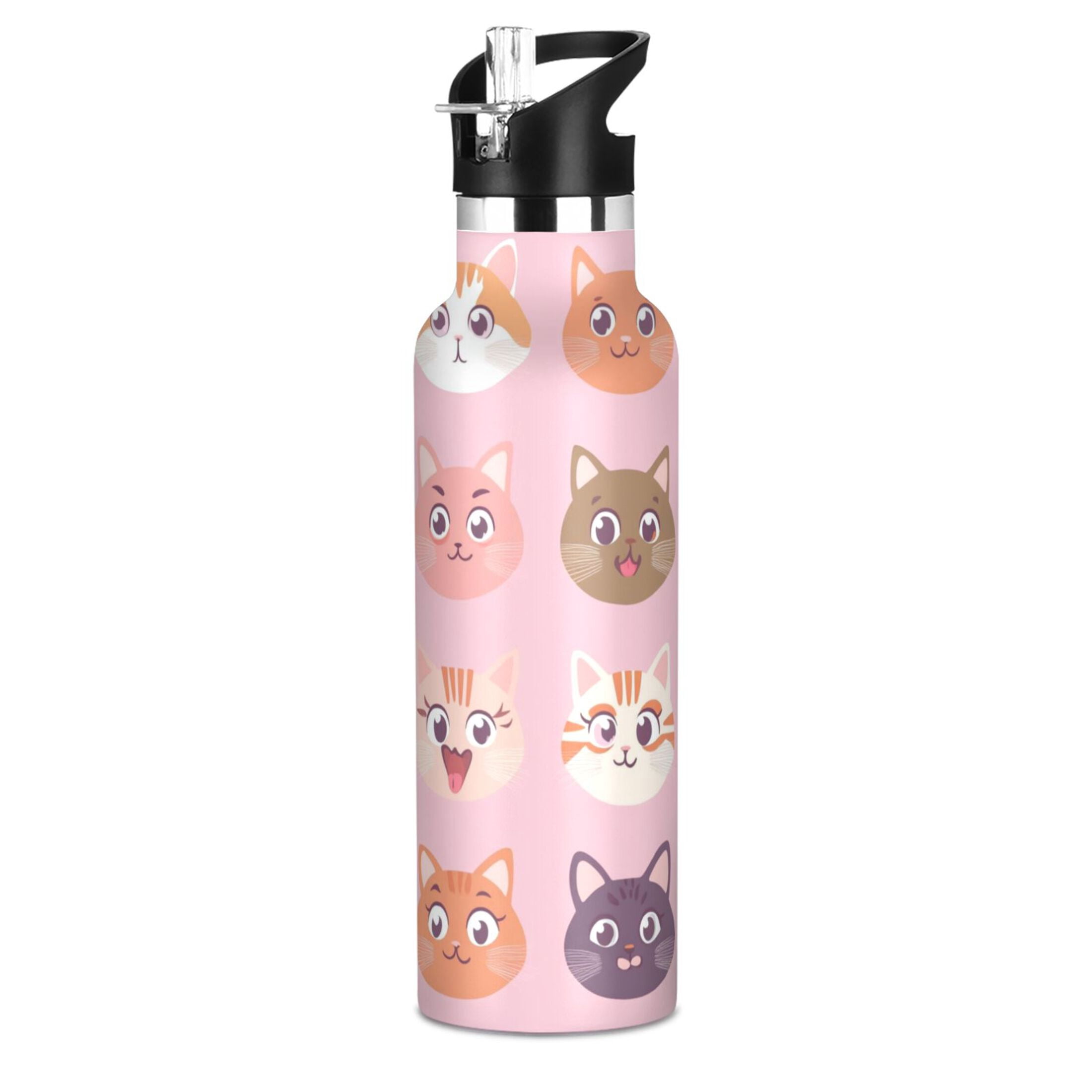 Kids Insulated Stainless Steel Sports Water Bottle 600ml (20oz), BPA-Free Cute Cat Face Pattern