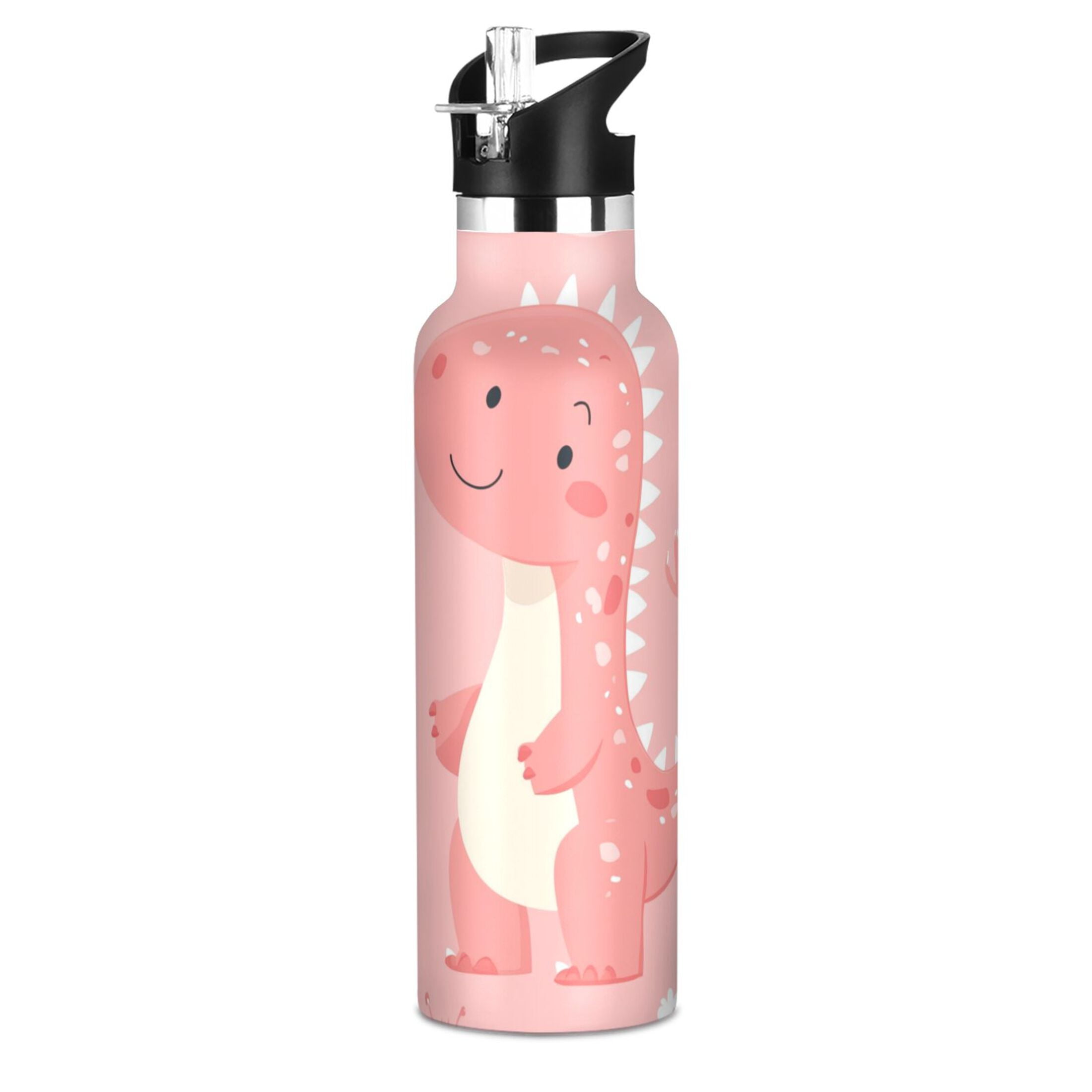 Kids Insulated Stainless Steel Sports Water Bottle 600ml (20oz), BPA-Free Cute Pink Dinosaur Pattern