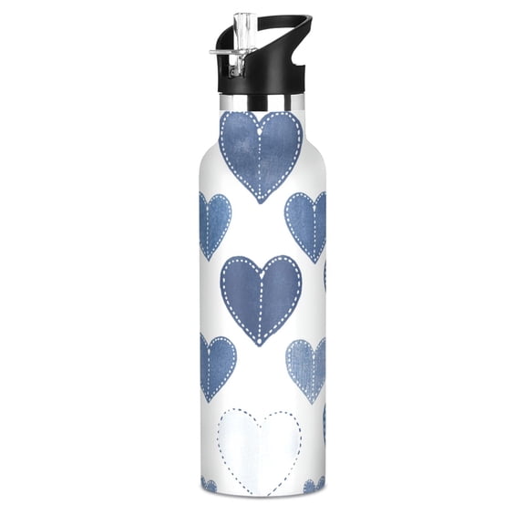 Kids Insulated Stainless Steel Sports Water Bottle 600ml (20oz), BPA-Free Denim Heart Pattern