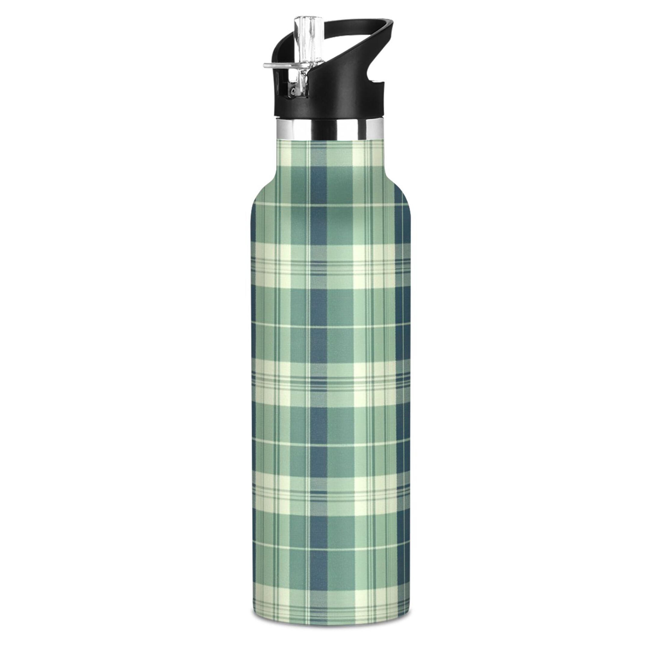 Kids Insulated Stainless Steel Sports Water Bottle 600ml (20oz), BPA-Free Green Tartan Pattern