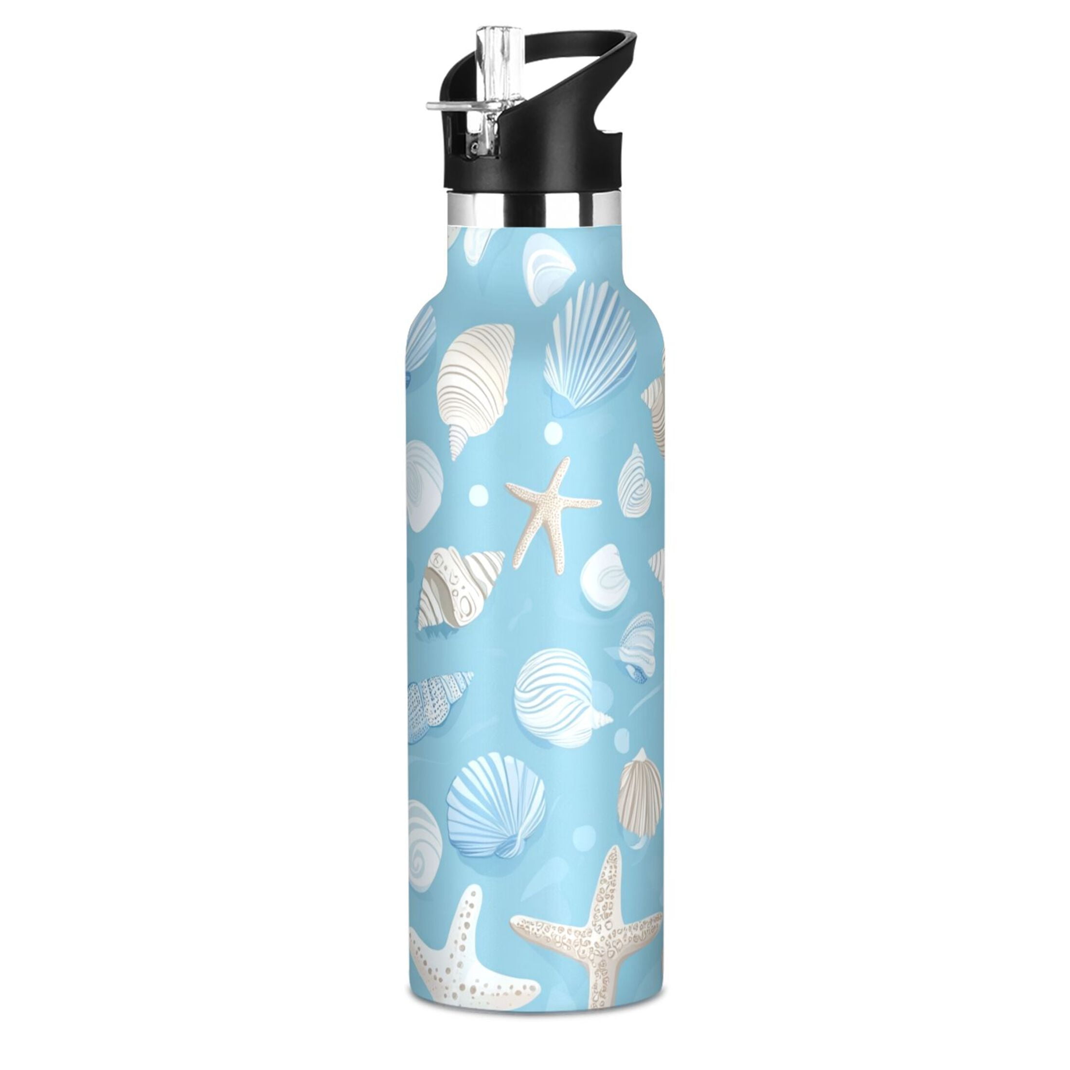 Kids Insulated Stainless Steel Sports Water Bottle 600ml (20oz), BPA-Free Light Blue Seashells and Starfish