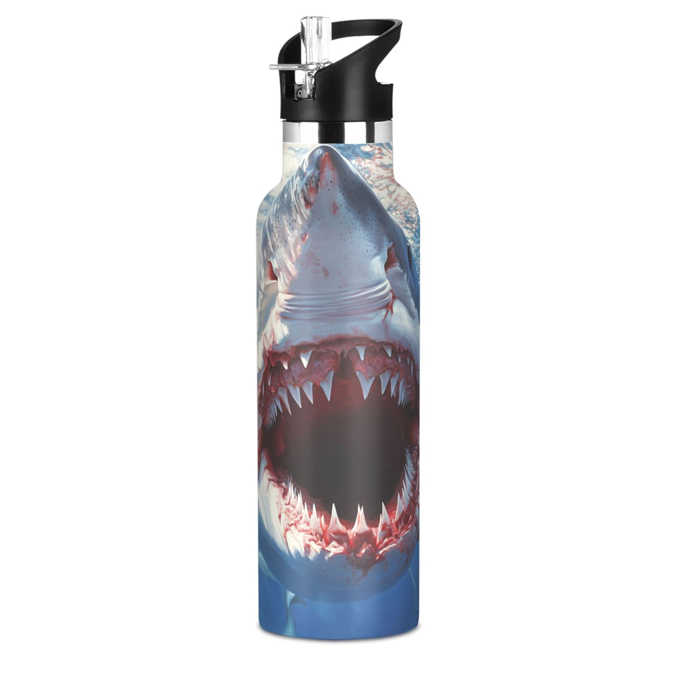 Kids Insulated Stainless Steel Sports Water Bottle 600ml (20oz), BPA-Free Open Shark Mouth