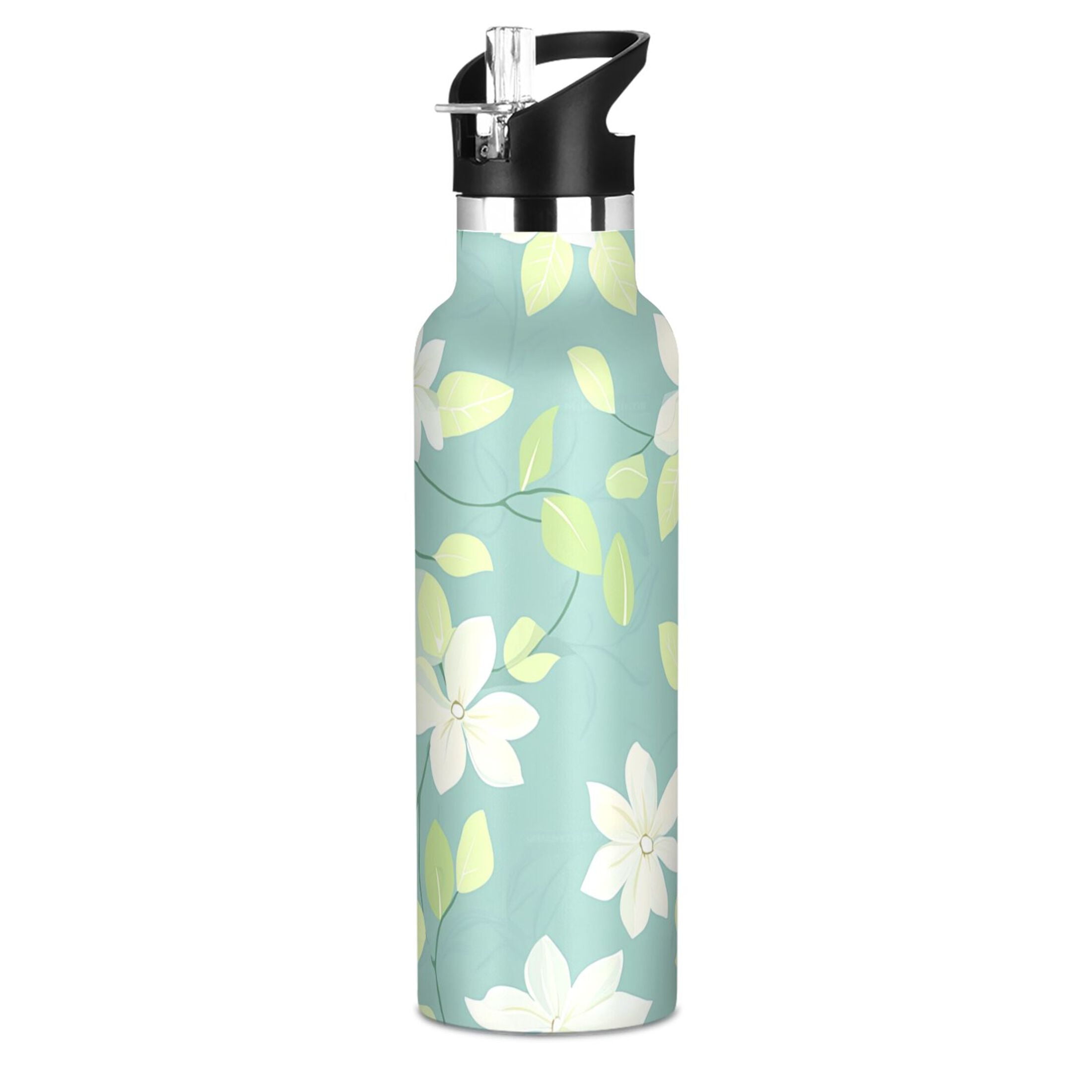 Kids Insulated Stainless Steel Sports Water Bottle 600ml (20oz), BPA-Free Pastel Green Flowers