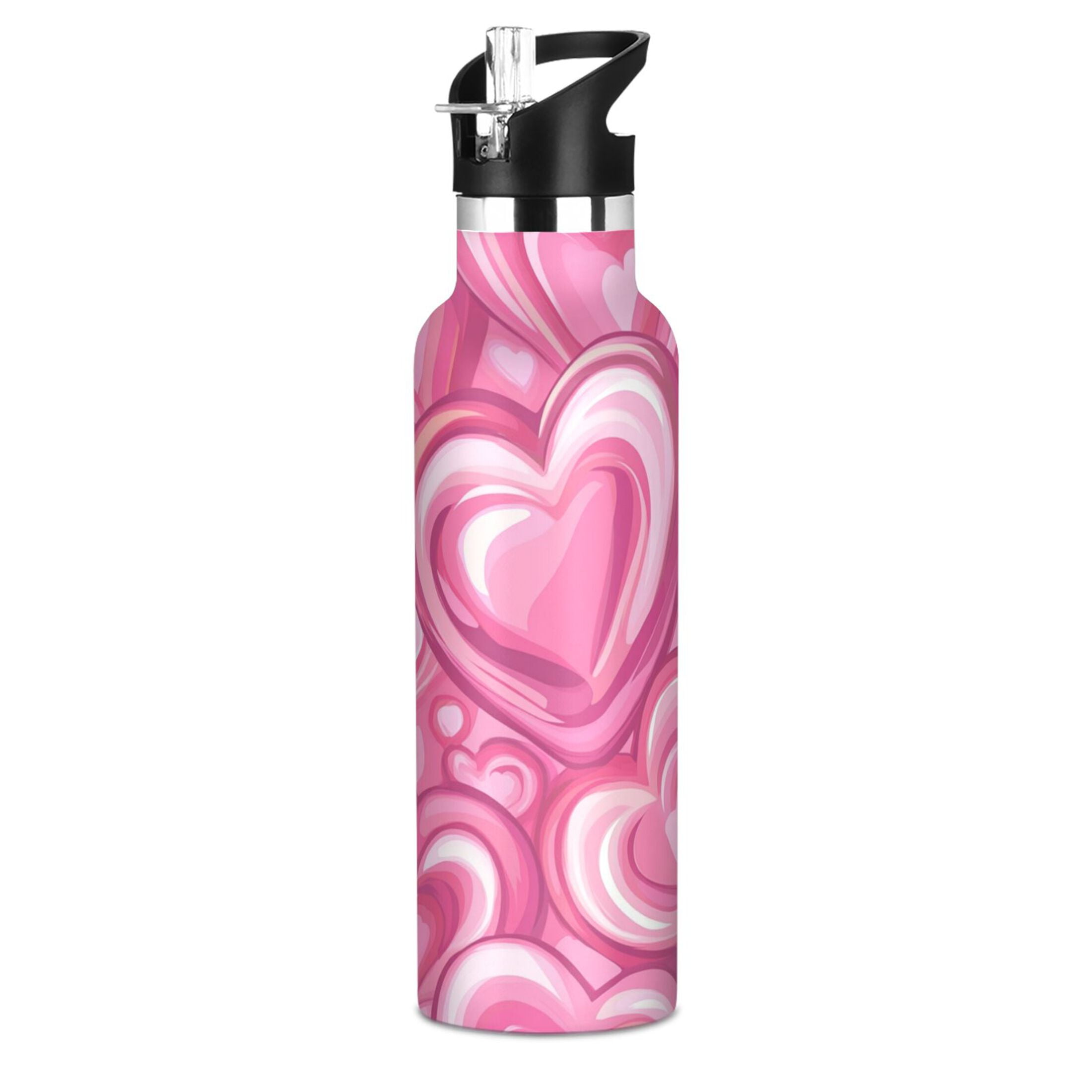 Kids Insulated Stainless Steel Sports Water Bottle 600ml (20oz), BPA-Free Pattern with Pink Hearts