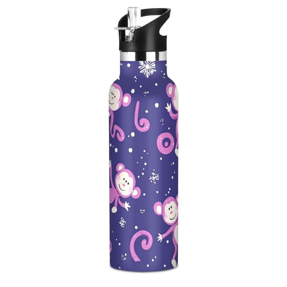 Kids Insulated Stainless Steel Sports Water Bottle 600ml (20oz), BPA-Free Pink Monkey Pattern