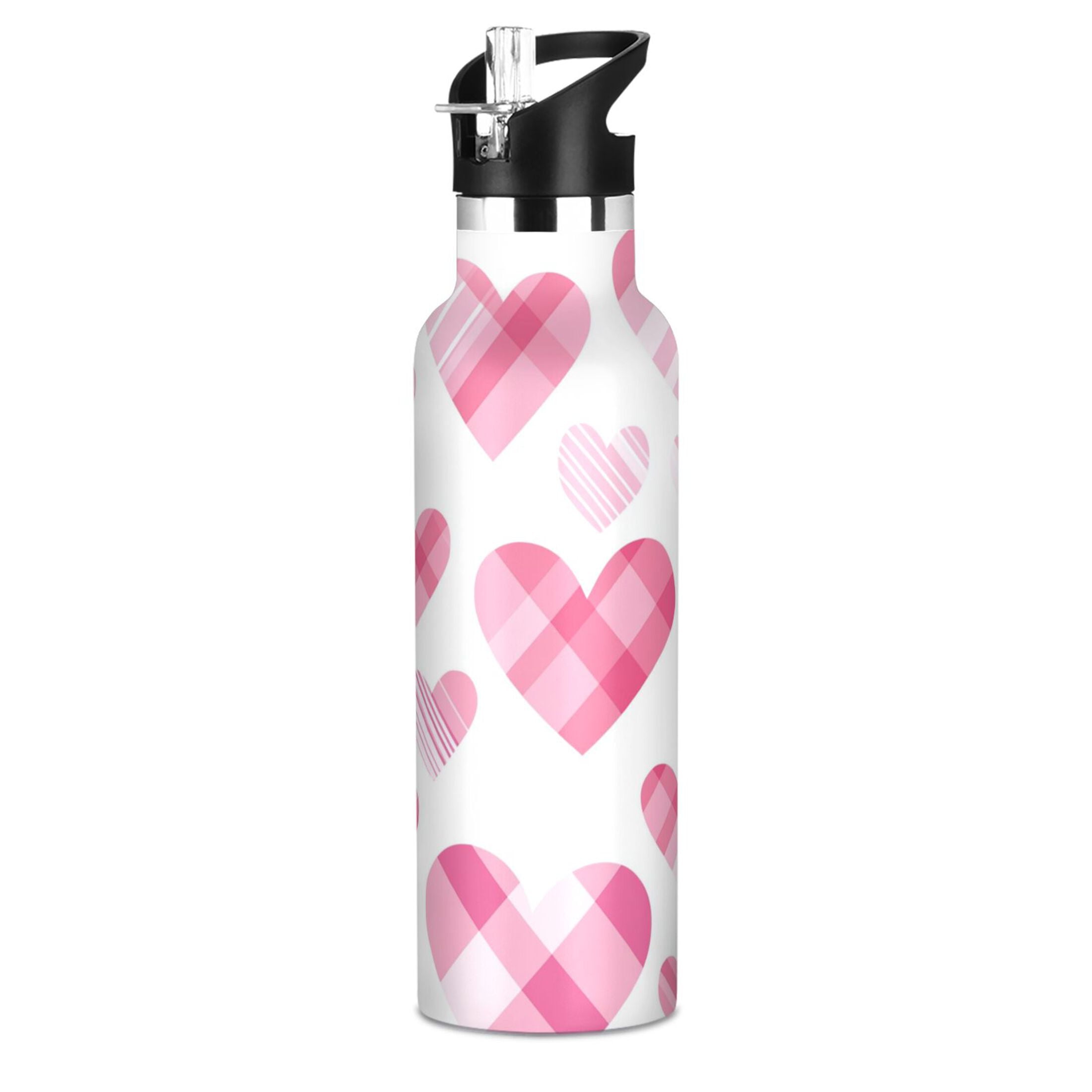 Kids Insulated Stainless Steel Sports Water Bottle 600ml (20oz), BPA-Free Seamless Pink Heart Pattern