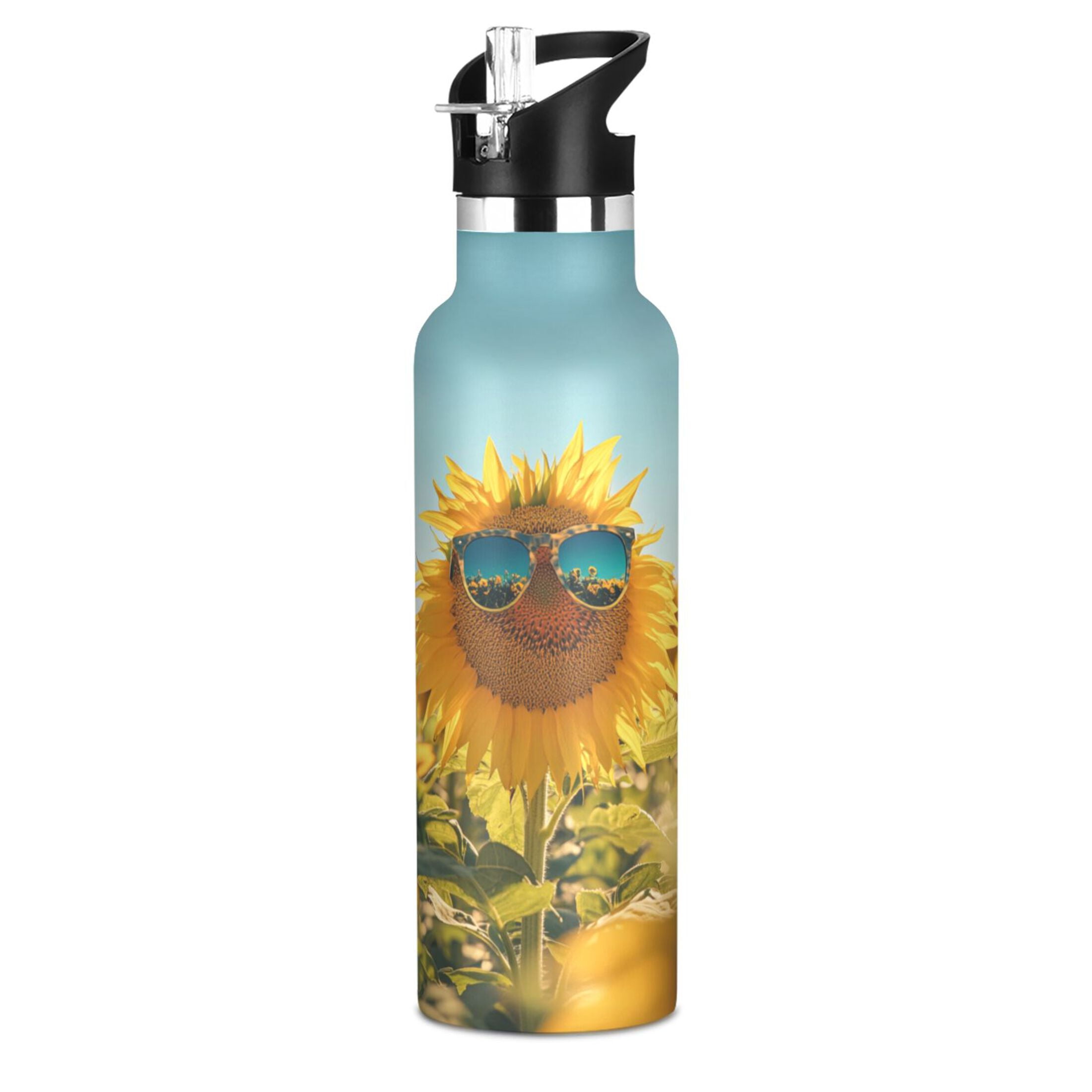 Kids Insulated Stainless Steel Sports Water Bottle 600ml (20oz), BPA-Free Sunflowers Wear Sunglasses