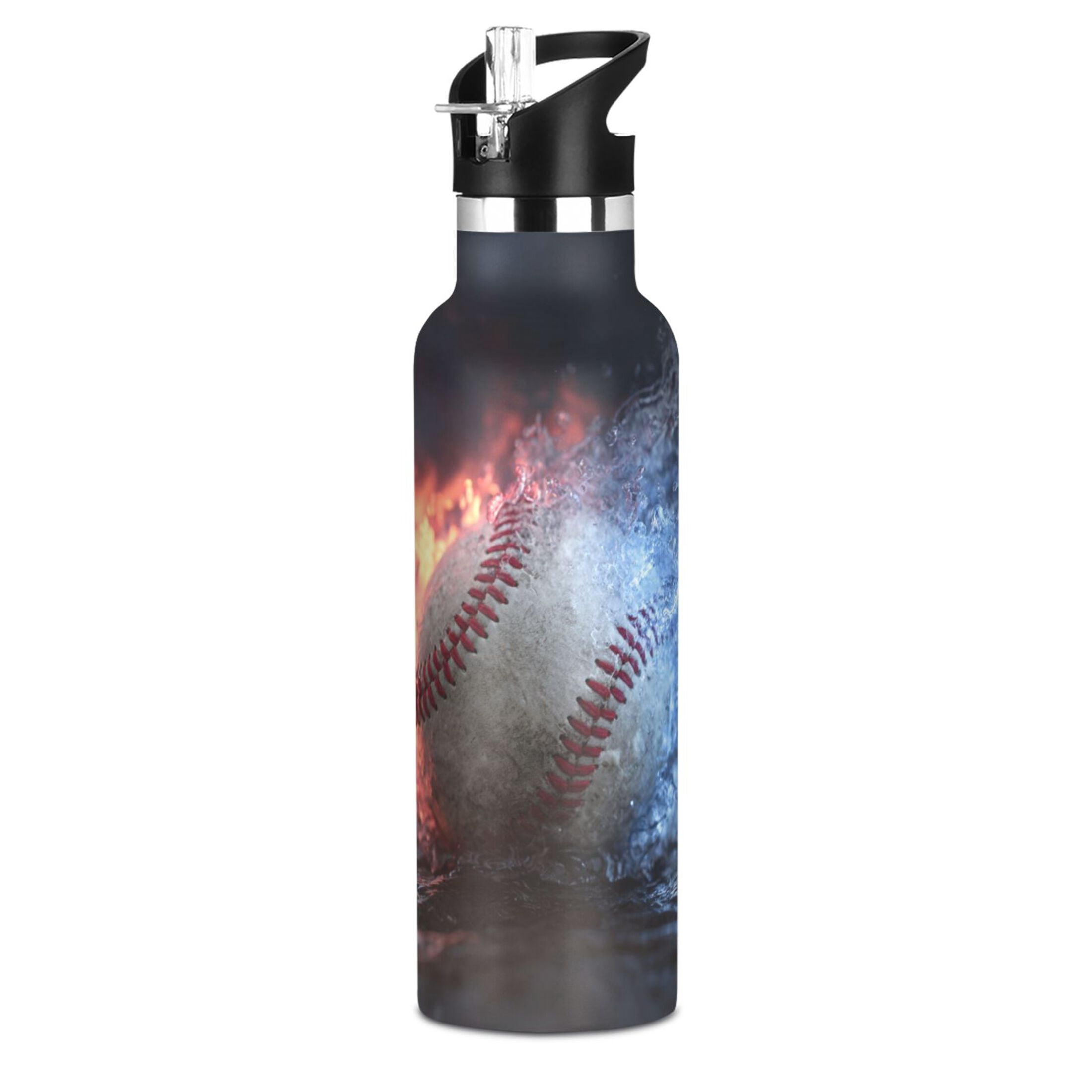 Kids Insulated Stainless Steel Sports Water Bottle 600ml (20oz) Baseball with Water and Fire