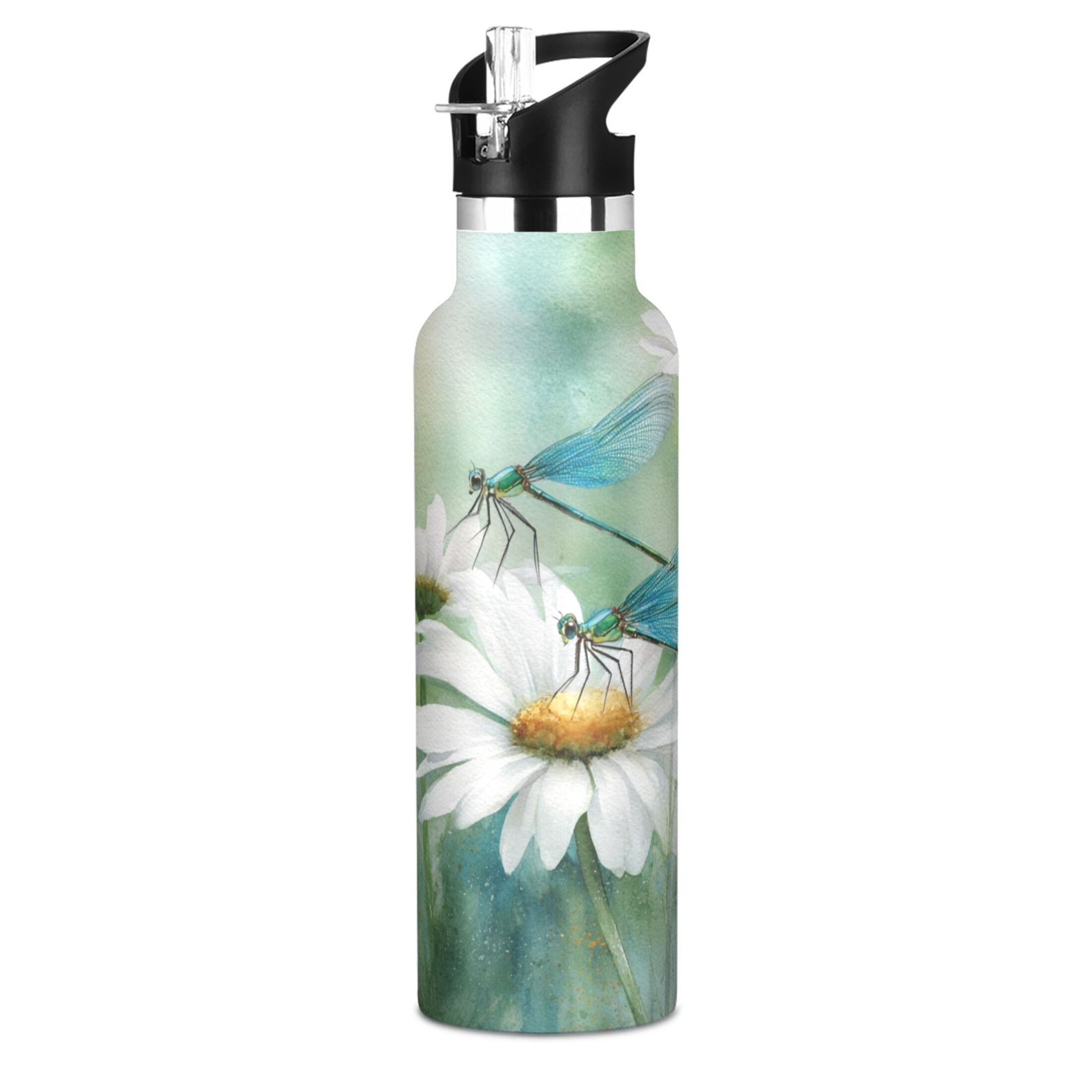 Kids Insulated Stainless Steel Sports Water Bottle 600ml (20oz) Beautiful Dragonflies and Daisies