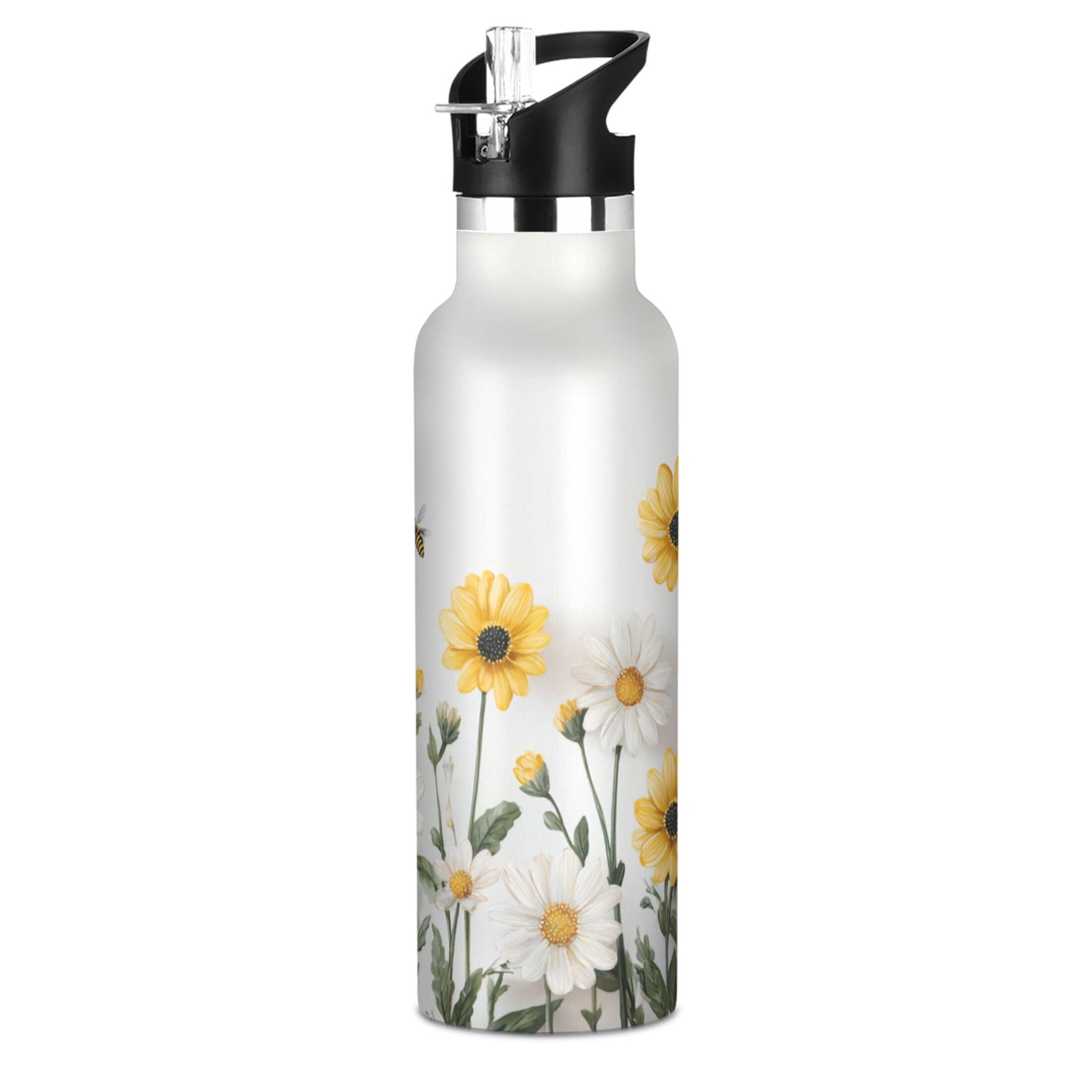 Kids Insulated Stainless Steel Sports Water Bottle 600ml (20oz) Bees Flying with Daisies