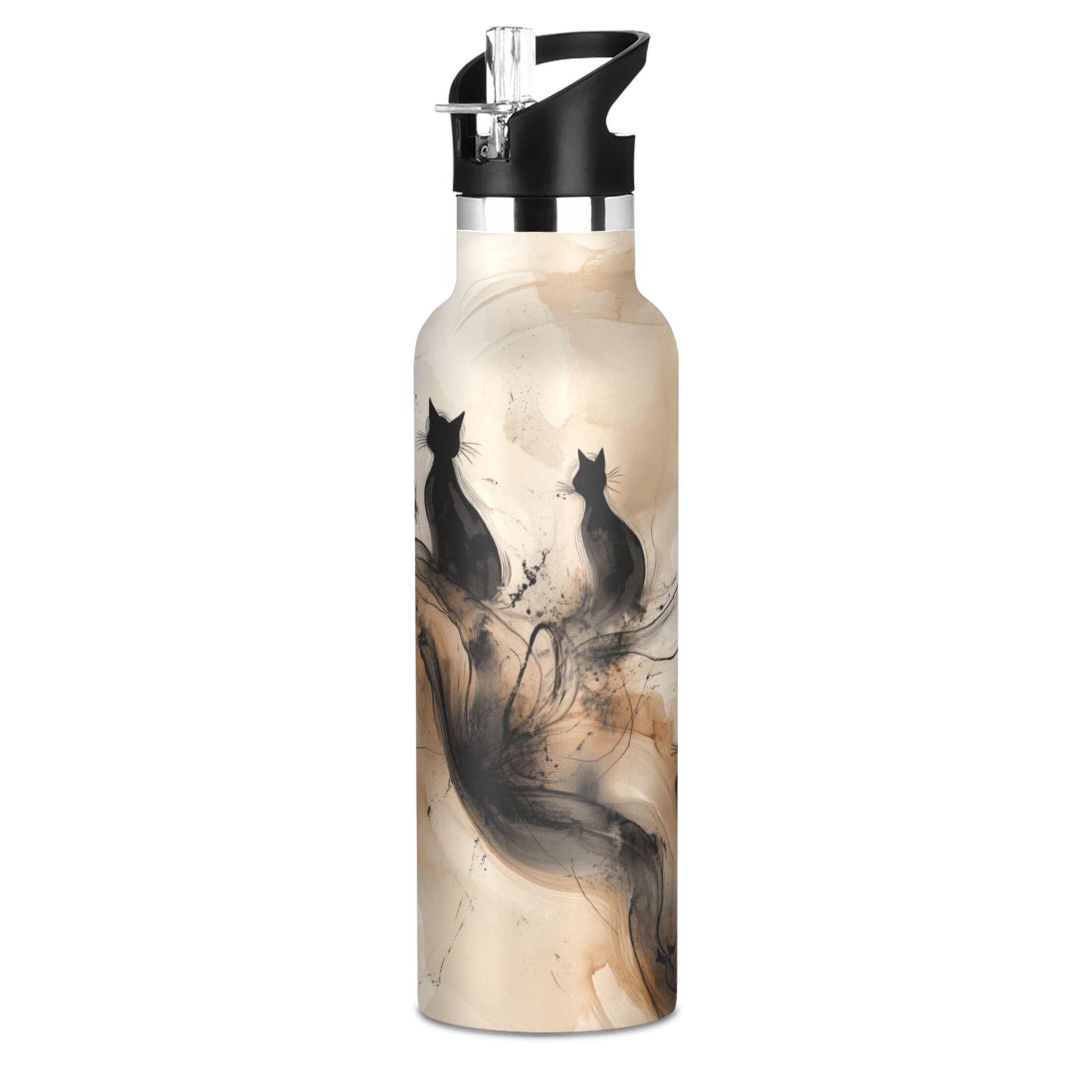 Kids Insulated Stainless Steel Sports Water Bottle 600ml (20oz) Beige and Black Swirling Shapes