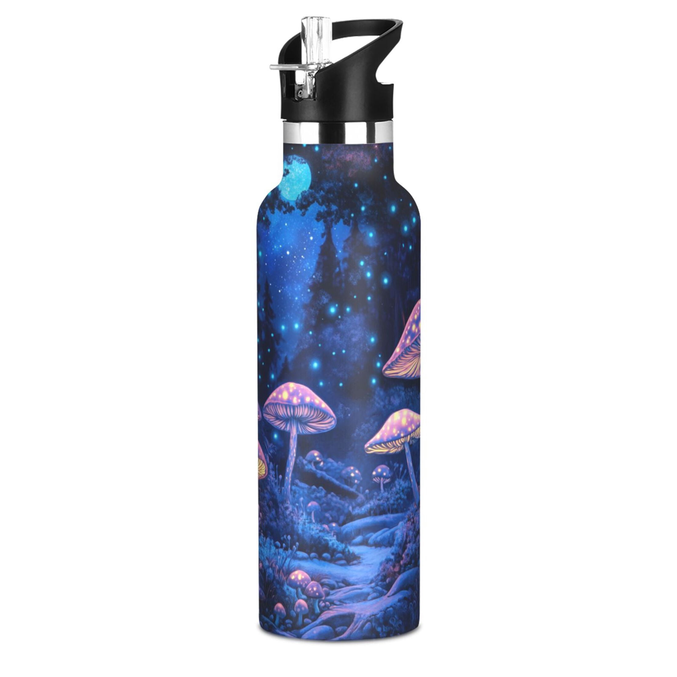 Kids Insulated Stainless Steel Sports Water Bottle 600ml (20oz) Bioluminescent Mushrooms