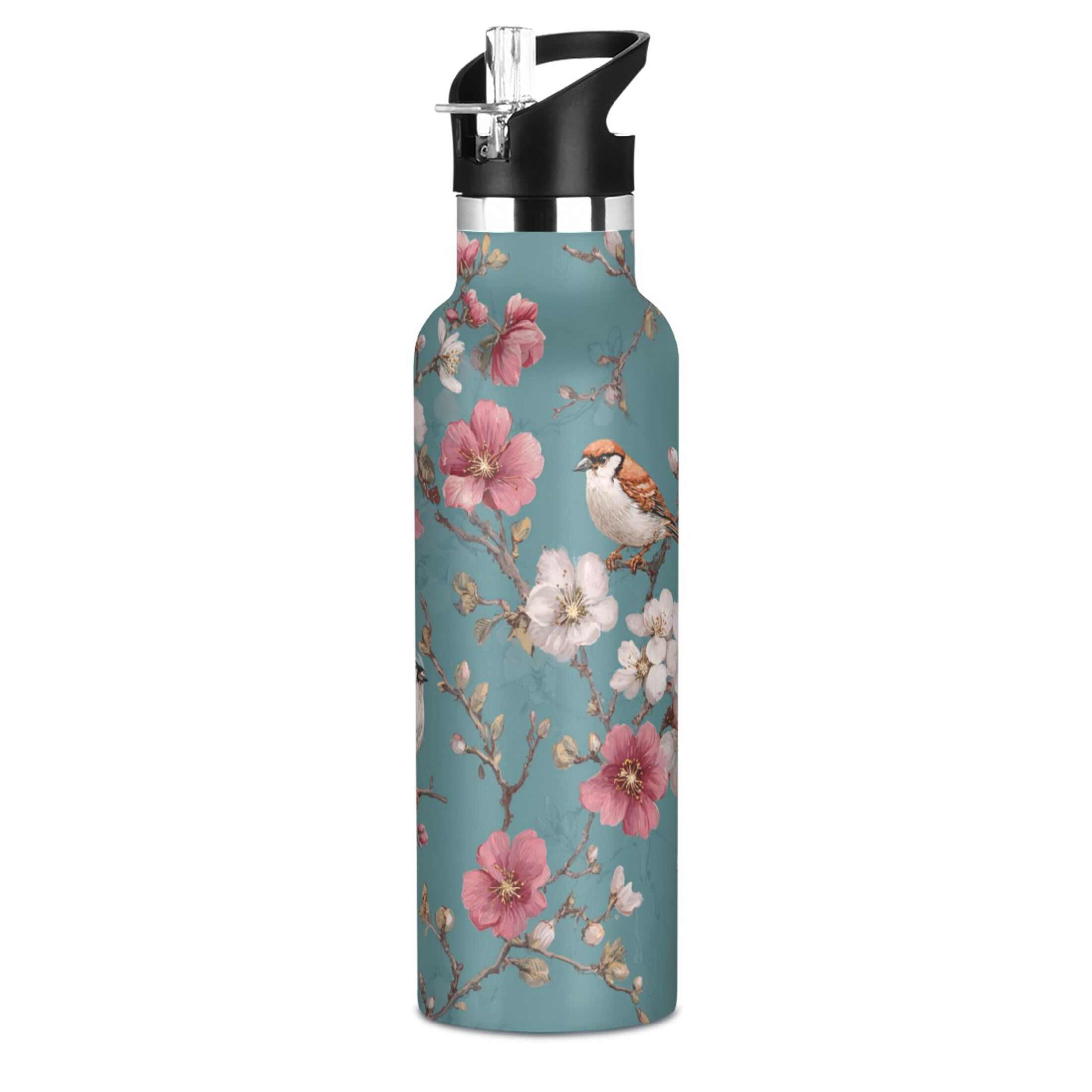 Kids Insulated Stainless Steel Sports Water Bottle 600ml (20oz) Birds and Cherry Pattern