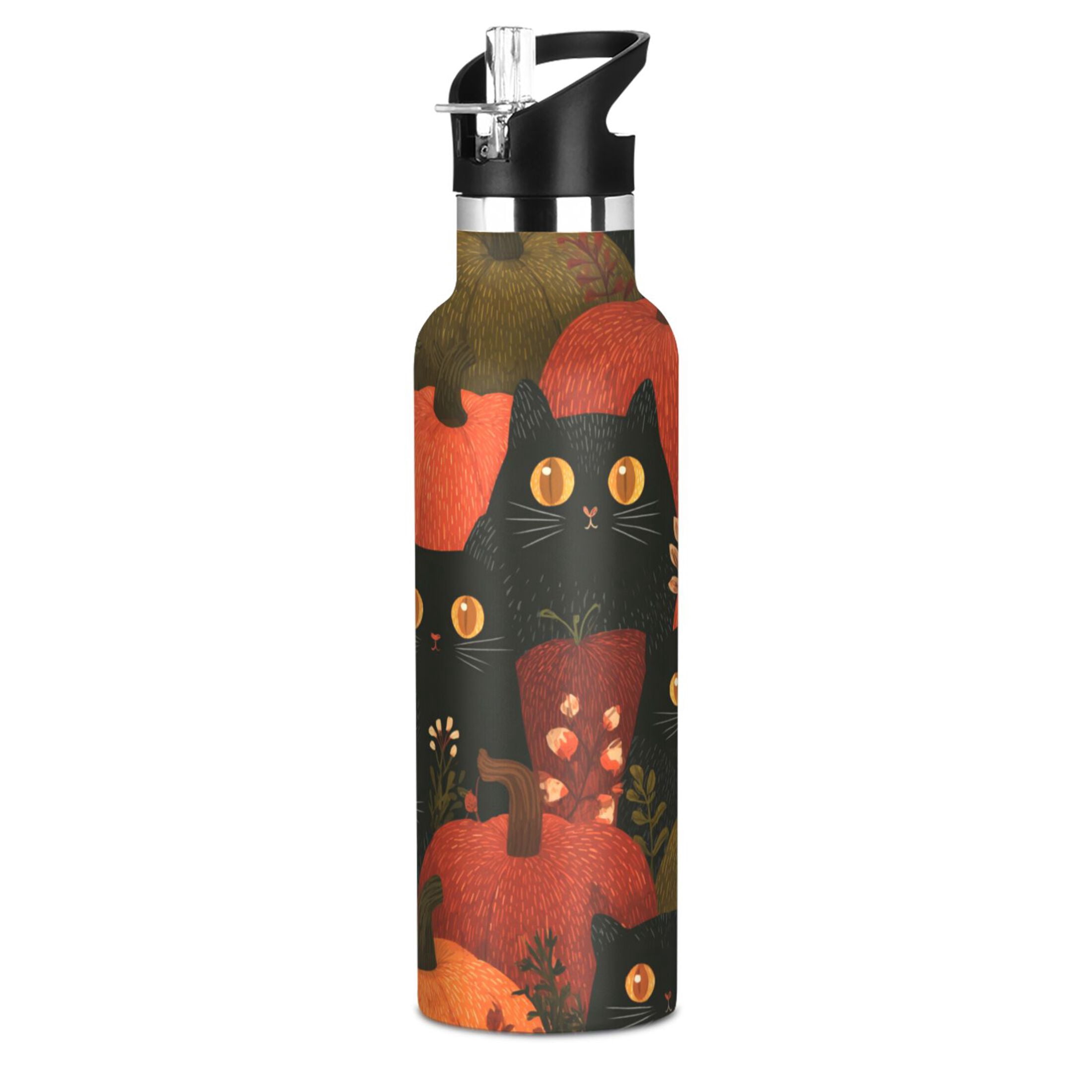Kids Insulated Stainless Steel Sports Water Bottle 600ml (20oz) Black Cat Surrounded by Pumpkins