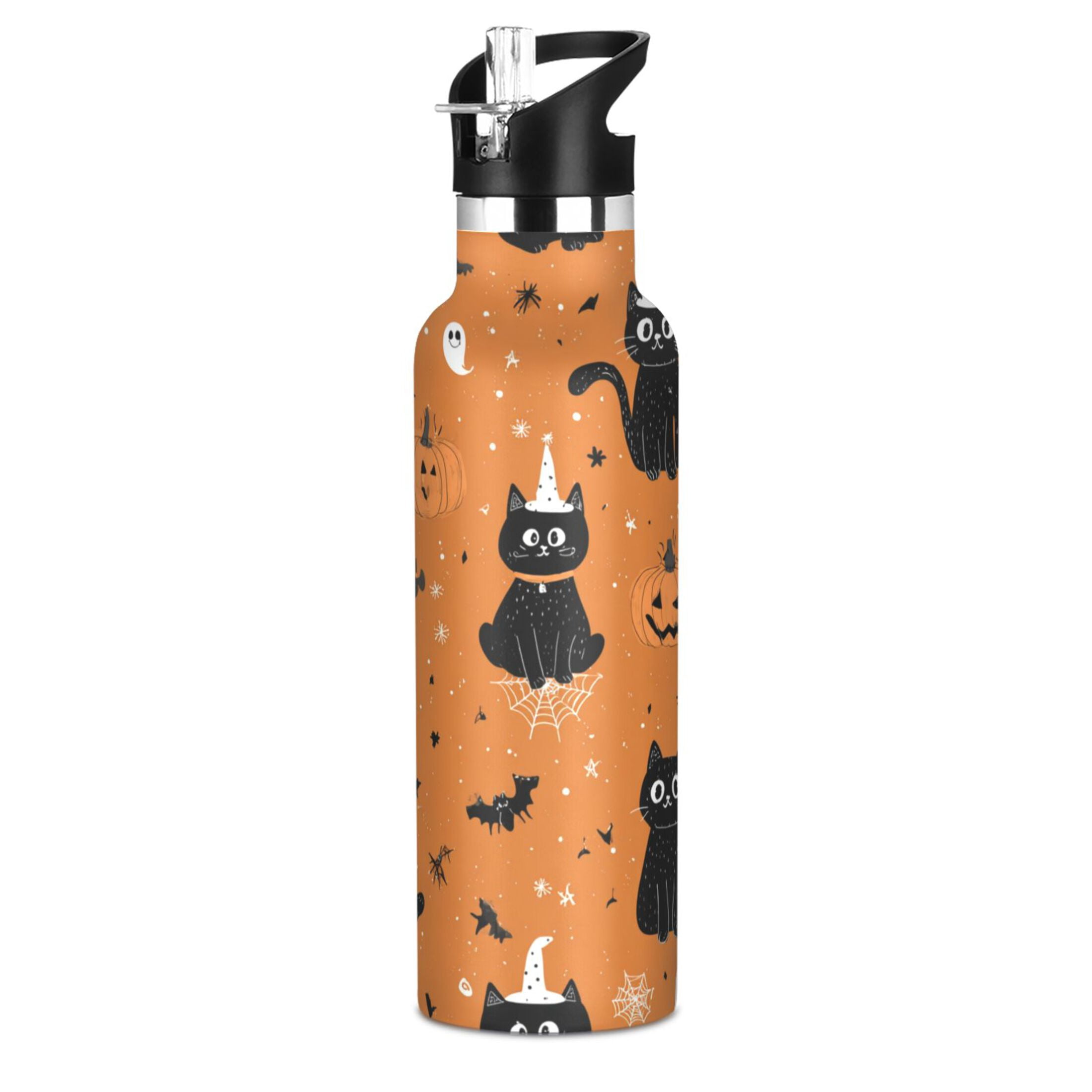 Kids Insulated Stainless Steel Sports Water Bottle 600ml (20oz) Black Cat on Orange Background