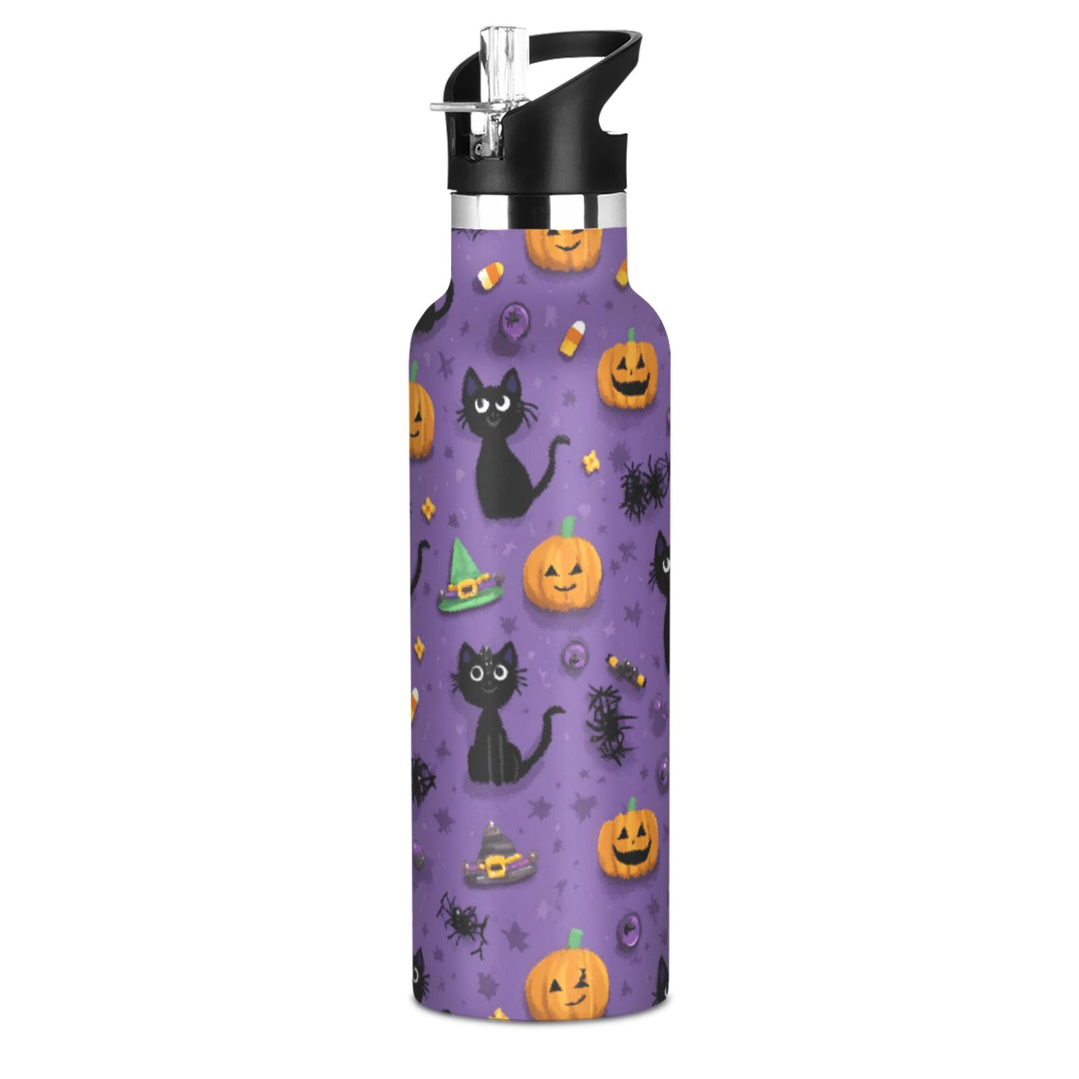 Kids Insulated Stainless Steel Sports Water Bottle 600ml (20oz) Black Cats and Pumpkins Pattern