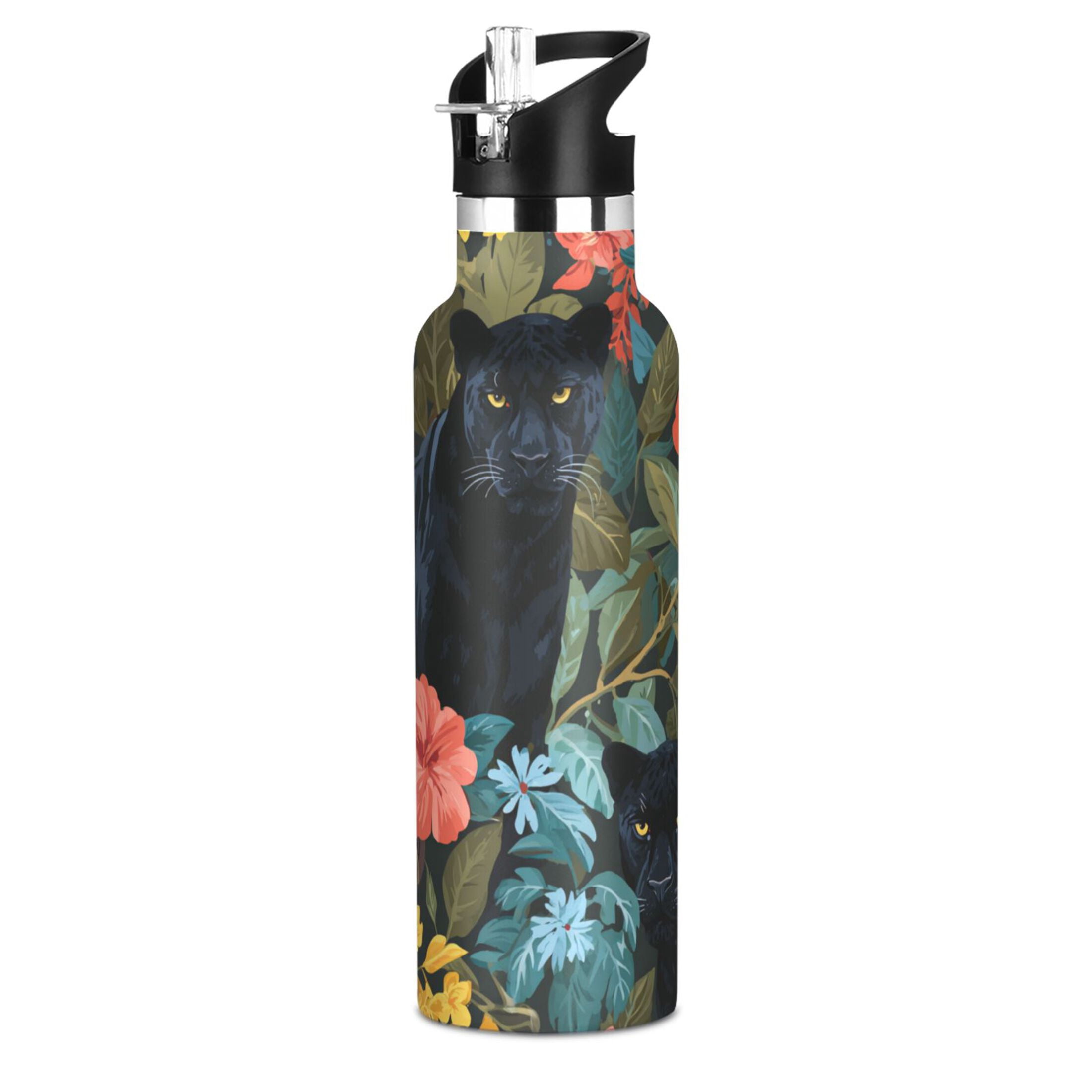 Kids Insulated Stainless Steel Sports Water Bottle 600ml (20oz) Black Leopard in The Jungle