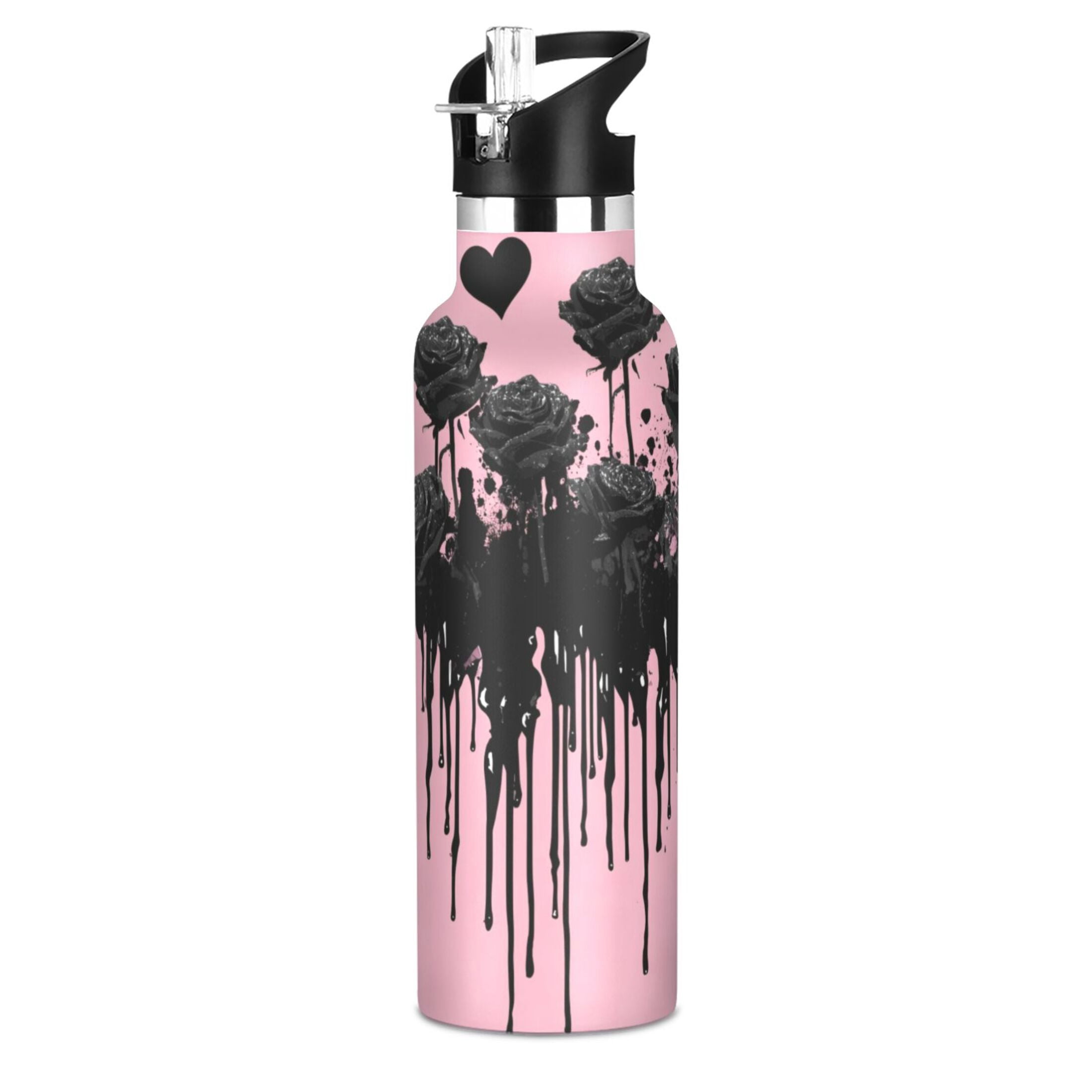 Kids Insulated Stainless Steel Sports Water Bottle 600ml (20oz) Black Roses